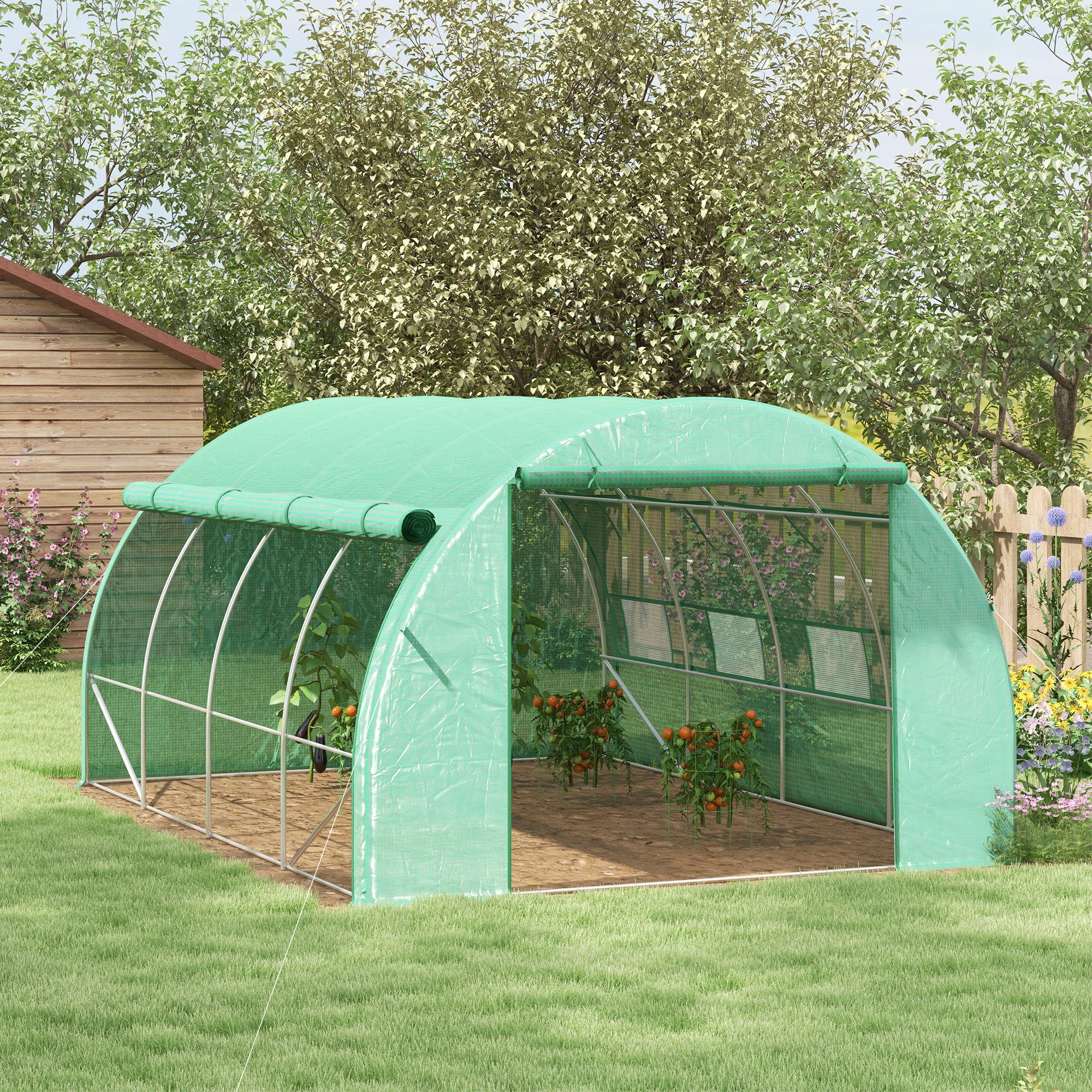 2025 Outsunny Polytunnel Kas van 4 x 3 x 2 m met Stalen Structuur, Plastic Bedekking, Groene Kleur