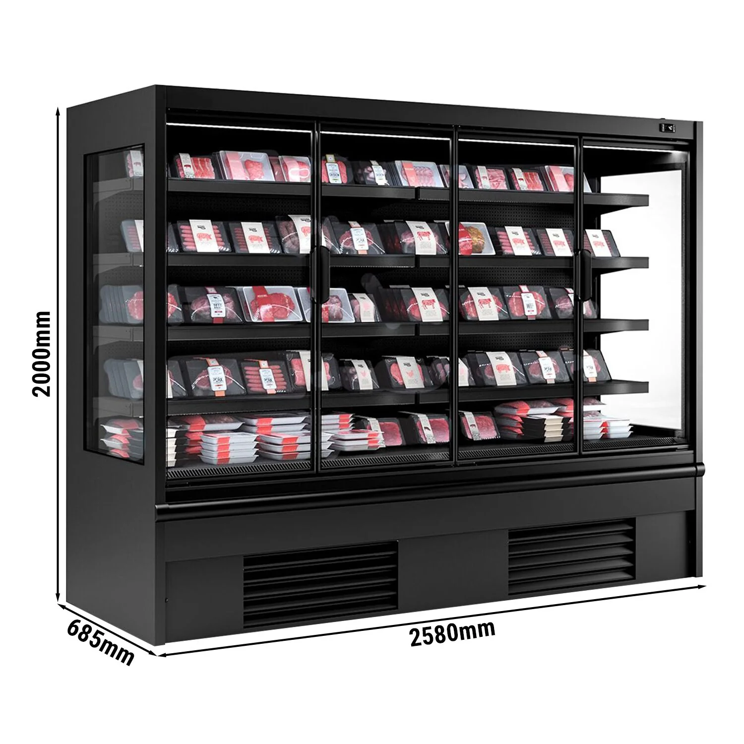 Kjølereol - 2580 mm - 910 l - +2 °C til +4 °C - med 4 hengslede glassdører med dobbelt isolerglass & 4 hyller - svart