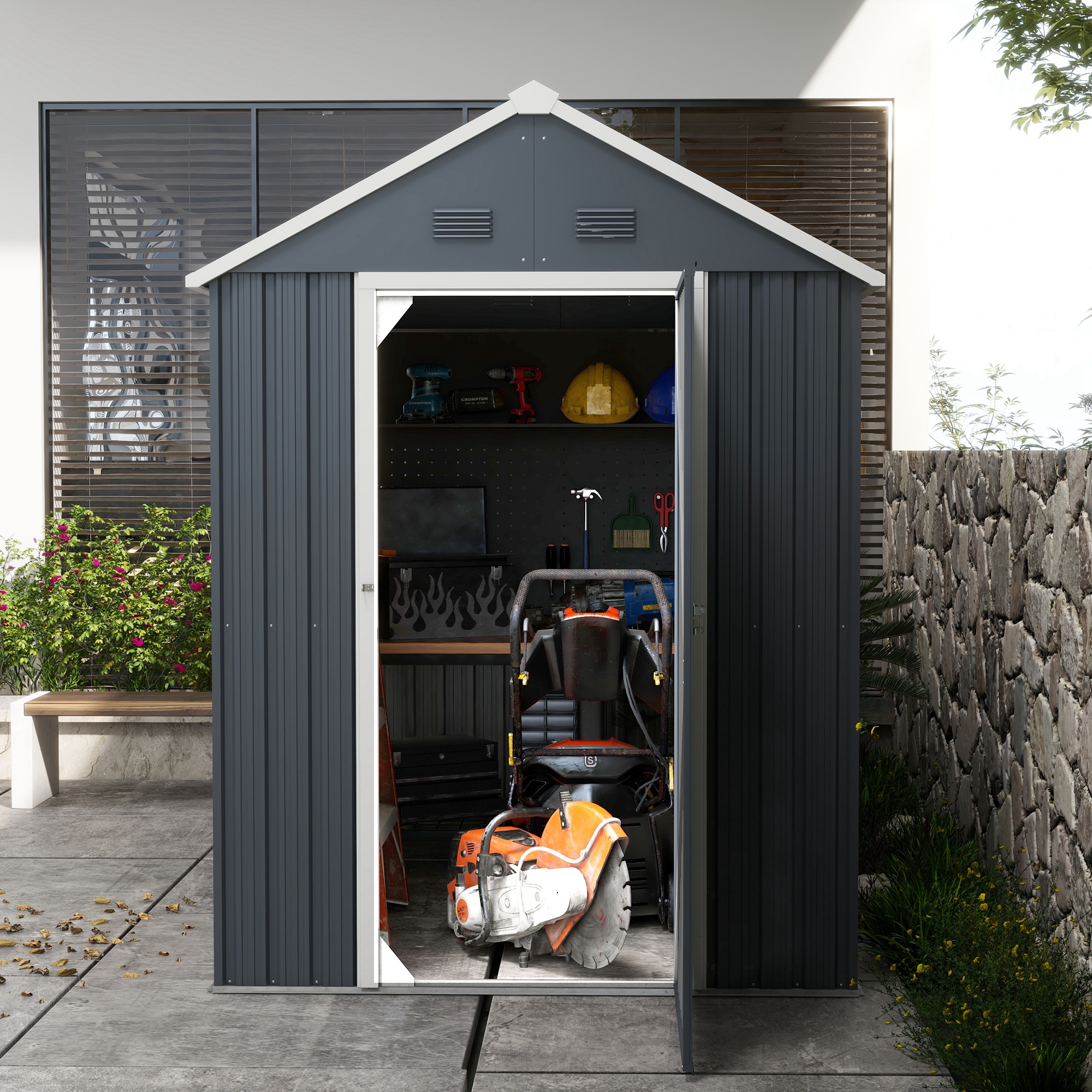 Outsunny Tuinhuis, metalen opbergschuur, dubbele deur, raam, 259x172x222 cm, grijs/wit