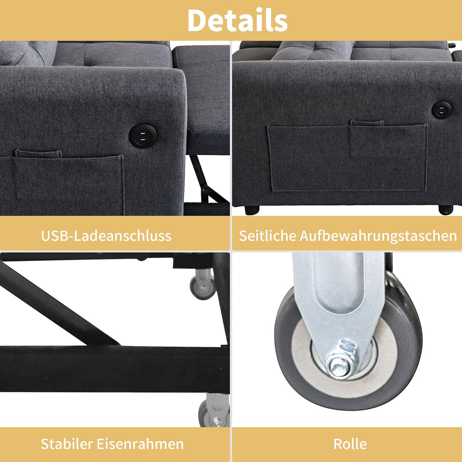 Modernes Doppel-Klappschlafsofa, 2-Sitzer Ausziehsofa mit Schlaffunktion, mit verstellbare Rückenlehne&Armlehnentaschen und Kissen, USB-Ladeanschluss, für Wohnzimmer Schlafzimmer Büro (Grau C)