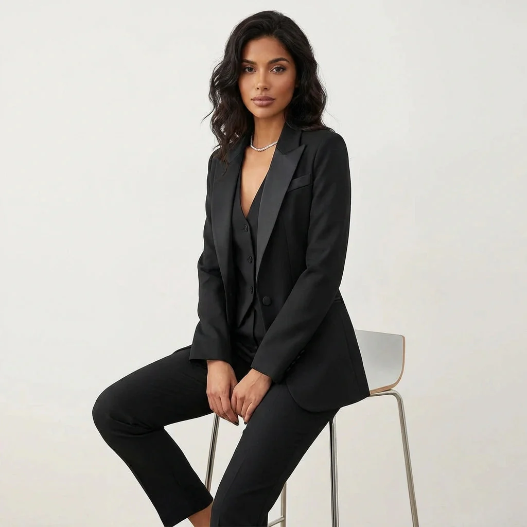 Damen Hosenanzug 3-teilig Set mit Blazer Weste und Stoffhose | Elegantes Business Outfit f��r B��ro und Events