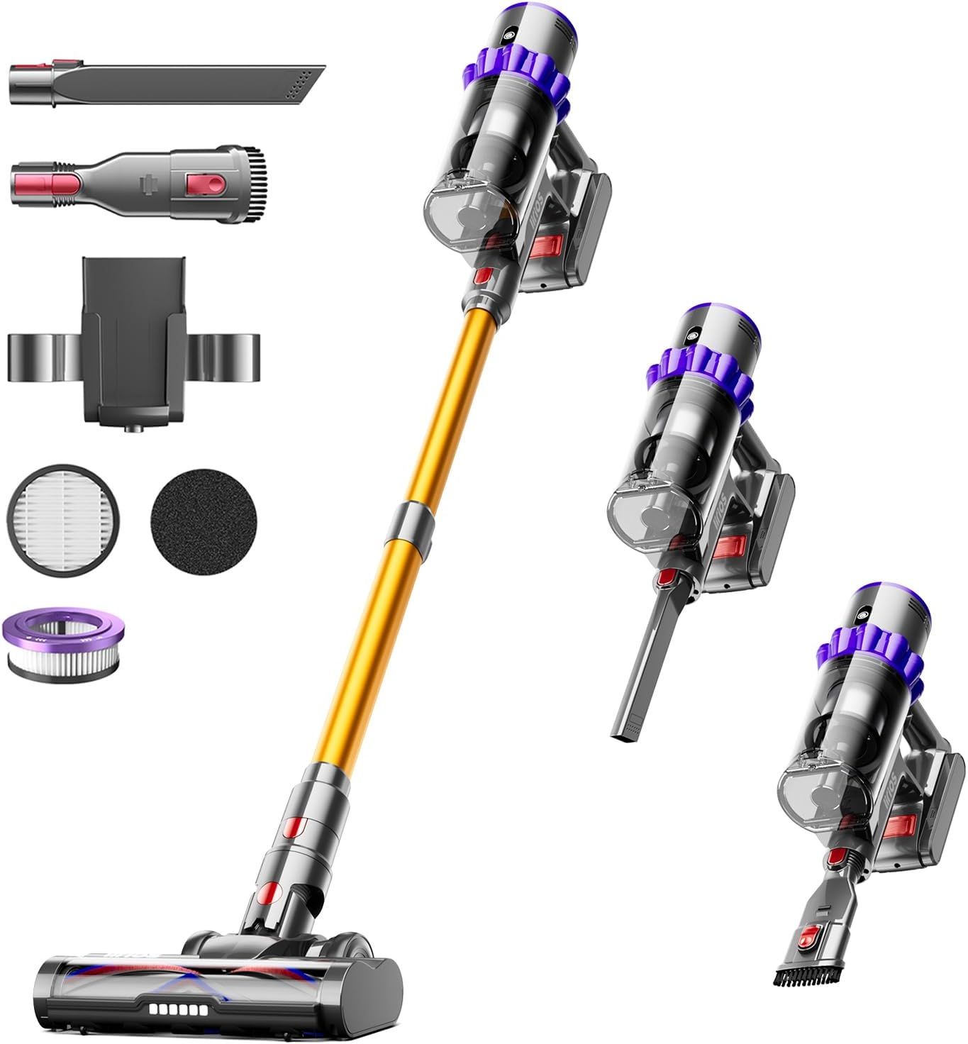 600W Cordless Vacuum Cleaner, 50KPA Suction, 65-Min Runtime, Self-Standing with Wall Mount Charging, LED Display, Enhanced Brush for Carpet and Pet Hair