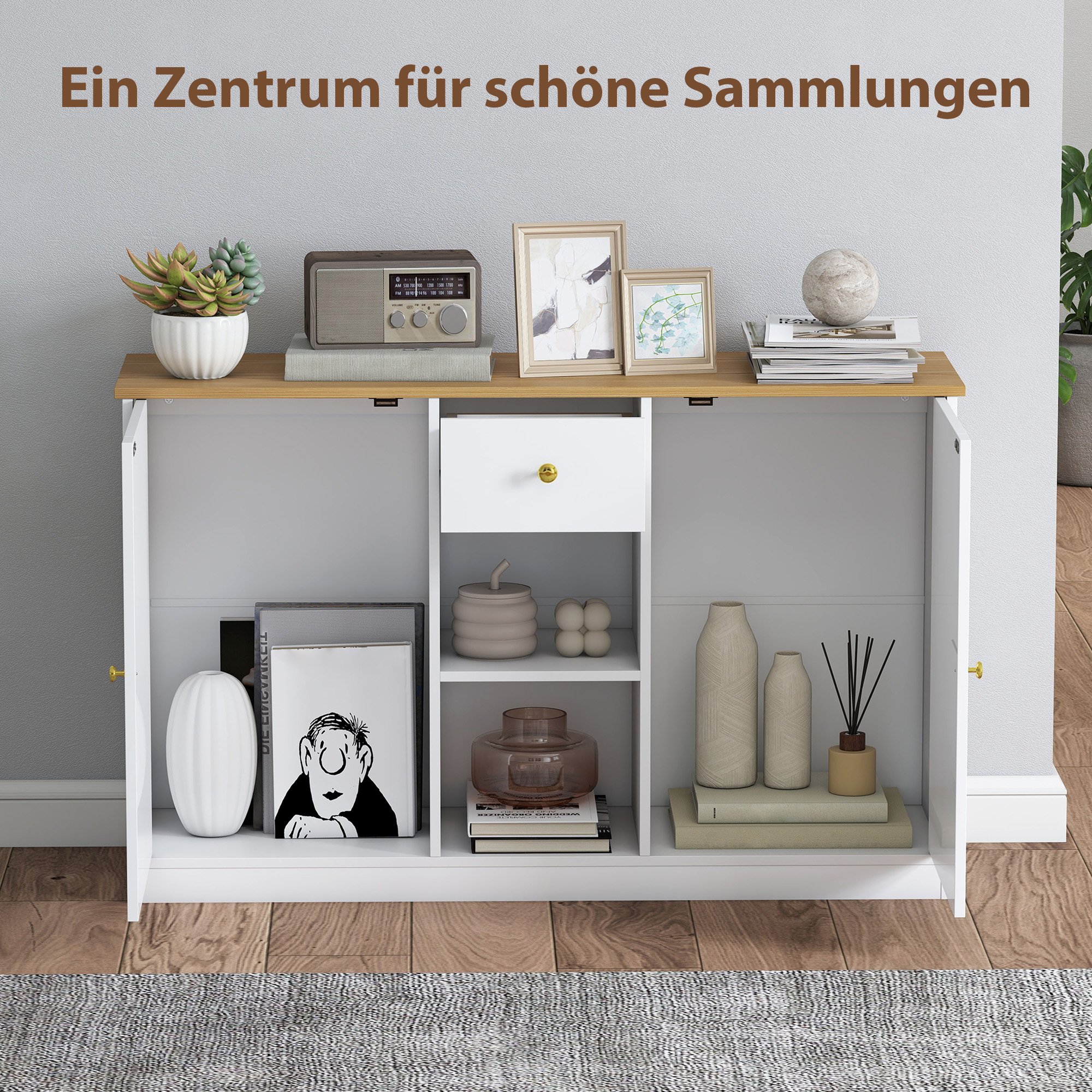 Keukenkommode, Sideboard met Lade, Kasten, Schappen, Spaanplaat, Wit