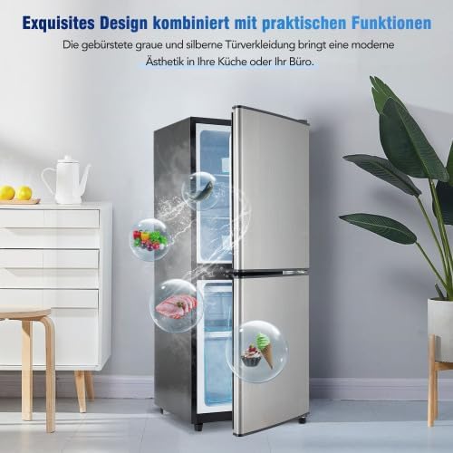 Merax Retro Kühlschrank mit Gefrierfach – 106L Mini Kühlschrank, 60L Kühlschrank + 46L Gefrierschrank, 7 Temperatureinstellungen, LED-Licht, Silber-Tür, 166 kWh/Jahr, Energieklasse E