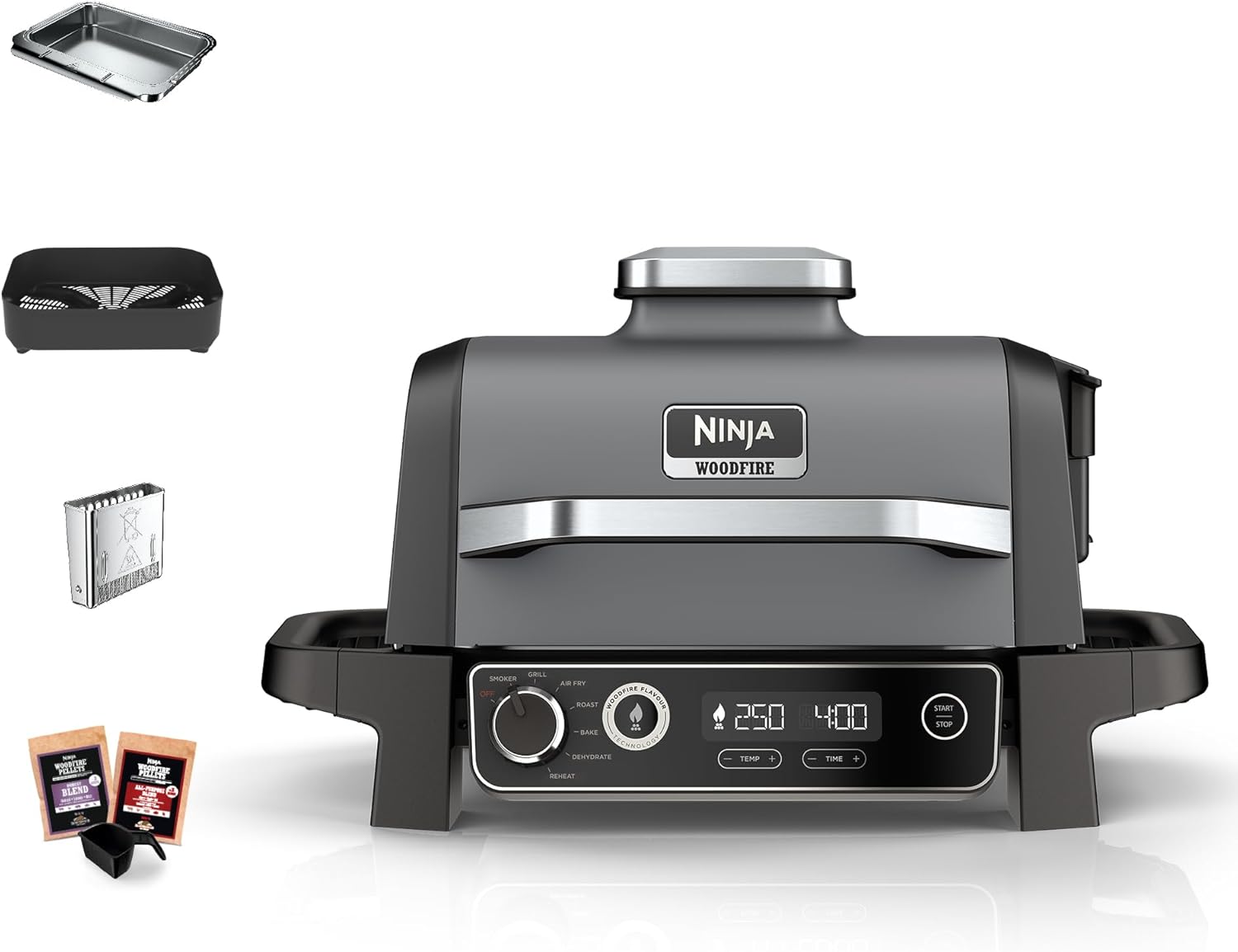 Ninja Woodfire Grill elektryczny, wędzarnia i frytkownica beztłuszczowa, 7 w 1, zewnętrzny, wędzenie, opiekanie, ciasta, odporny na pogodę, nieprzywierający, przenośny, szary/czarny OG701EU