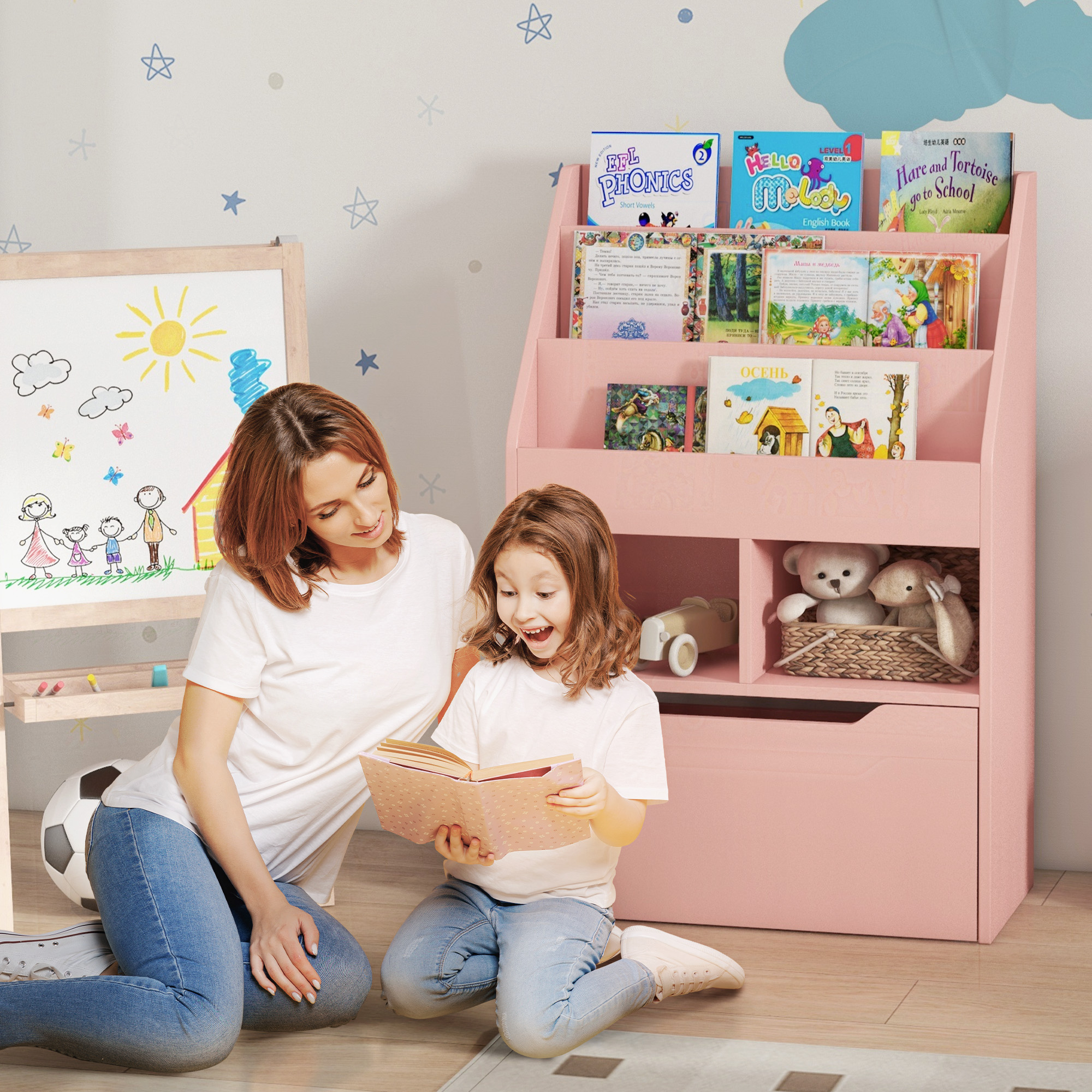 Kinderrek met Lade en Boekenrek met Vakken, 60 x 29,9 x 90 cm, Roze
