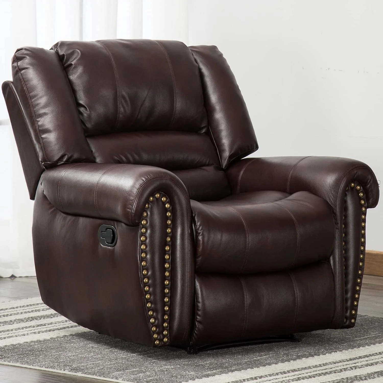CANMOV Leather Recliner Chair. Classic and Traditional Manual Recliner Chair with Comfortable Arms and Back Single Sofa for Living Room. Nut Brown