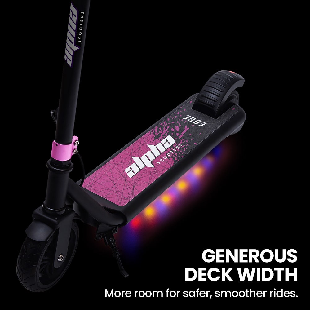 ALPHA Edge Electric Scooter Kids/Teens, 16km/h Max, Adjustable Height, UL Certified, AU Compliant, Dual Brakes, Bluetooth Music, LED, Pink
