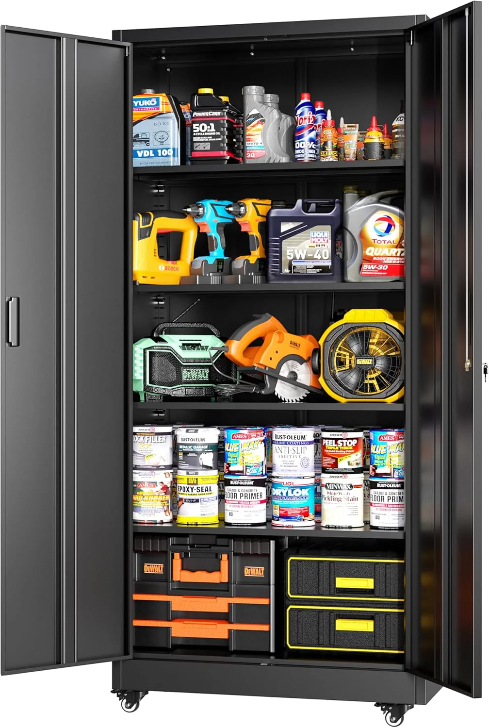 Greenvelly Metal Storage Cabinet, 72" Black Locking Metal Cabinet with 2 Doors and 4 Adjustable Shelves, Lockable Garage Storage Cabinets for Home Office, Garage, Kitchen, Living Room