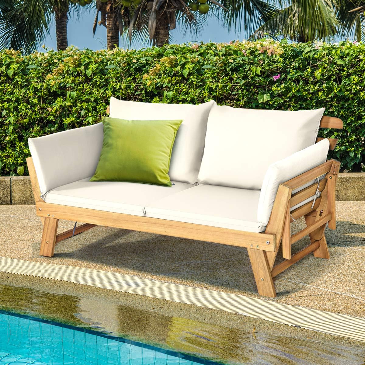 COSTWAY Gartenbank mit Liegefunktion, Gartensofa mit Auflagen und klappbaren Armlehne, Balkonbank aus Akazienholz, Balkonsofa, Gartencouch für Garten, Terrasse, Balkon, 198 x 75 x 75 cm (Beige)
