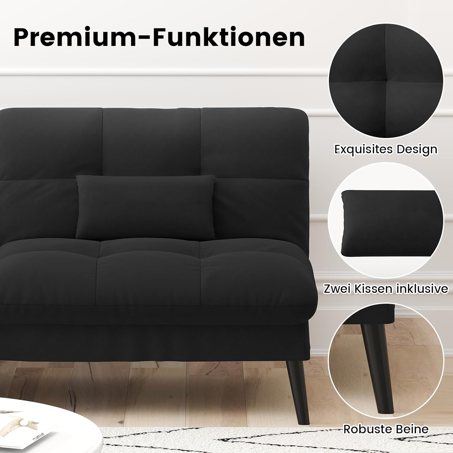 LUCKRACER Sofa 3 Sitzer Sofa Schlafsofa mit Schlaffunktion, überzug Futon Klappsofa, Bettcouch, ecksofa, Couch, 5 Verstellbare Winkel, Ideal für Wohnungen Wohnzimmer aus Stoff Schwarz
