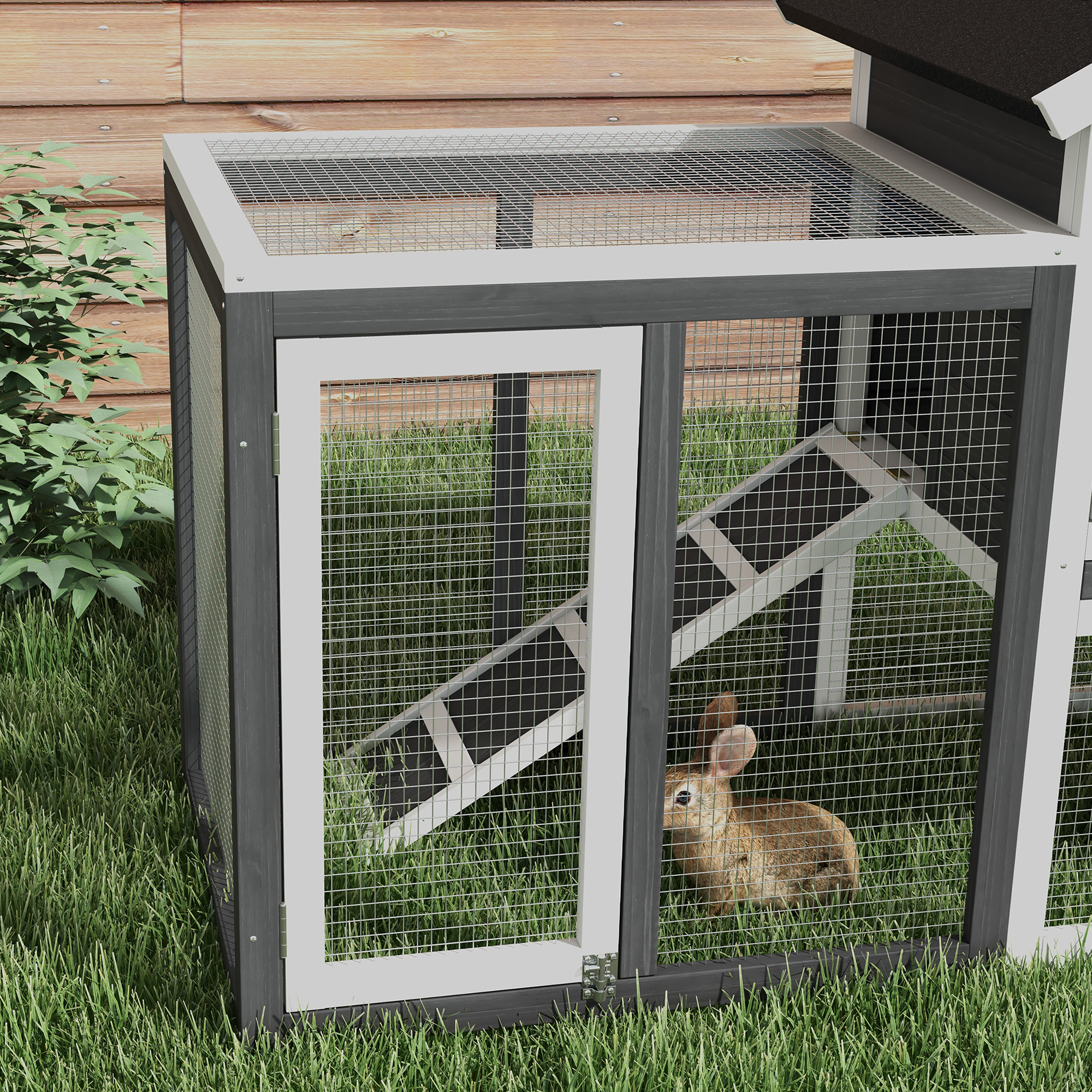 PawHut konijnenhok grijs+zwart+wit 122 x 62,6 x 92 cm