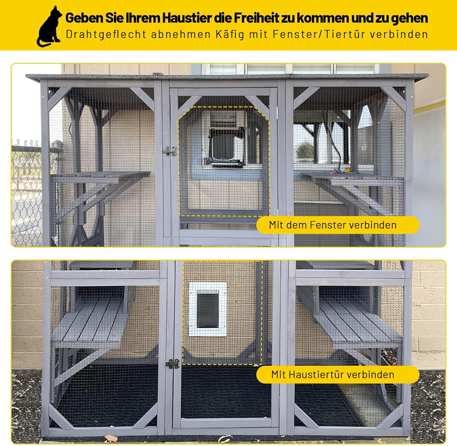 Katzenhaus Outdoor Catio Kitty Gehege mit super großer Eingangstür, Holz-Katzenkäfig Condo Indoor-Laufstall mit Plattformen und kleinem Haus