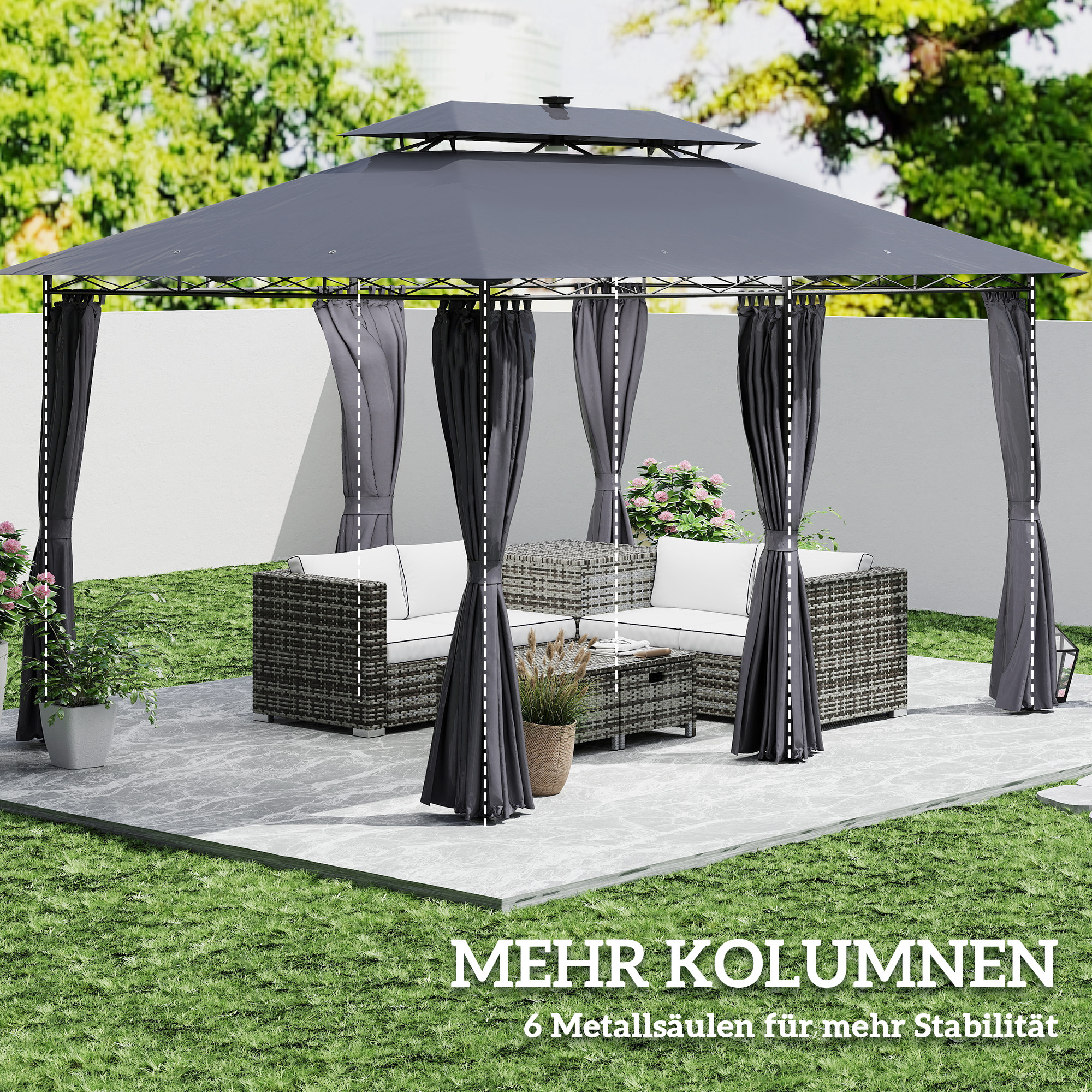 Outsunny 3 x 4 m Tuinpaviljoen, Tuintent met Zijwanden en Solar-LED-Lichten, Stalen Frame, Terrastent, Donkergrijs
