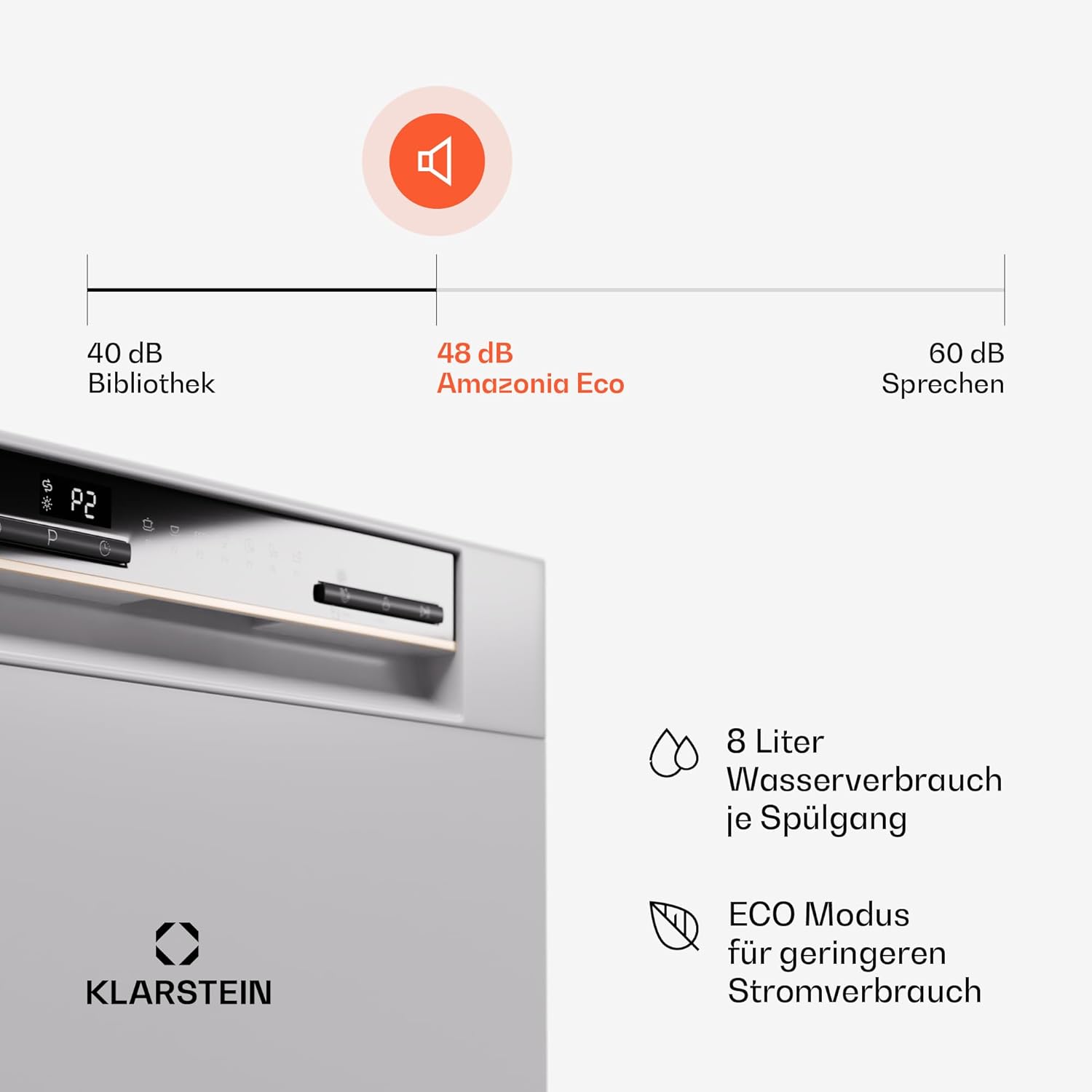 Klarstein  ia 8 - Spülmaschine, Geschirrspüler, Freistehend, Teilintegriert, F, 55 cm breit, 8 Maßgedecke, 6 Programme, Aquastop, silber