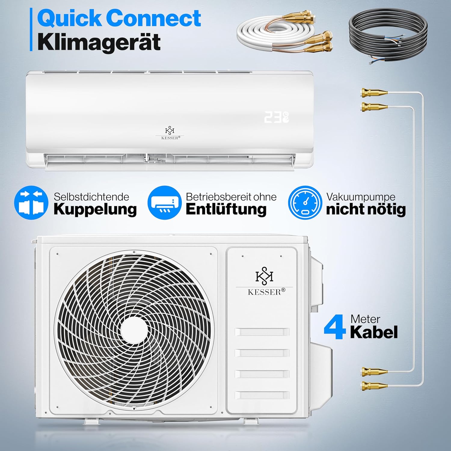 KESSER® Split Klimaanlage Set Quick Connect 12000 BTU 3,4 kW – WiFi & App Klimagerät mit Heizfunktion & Kühlmodus Wandklimaanlage, mit Kupferleitung Kältemittel R32 Inkl. Montagematerial