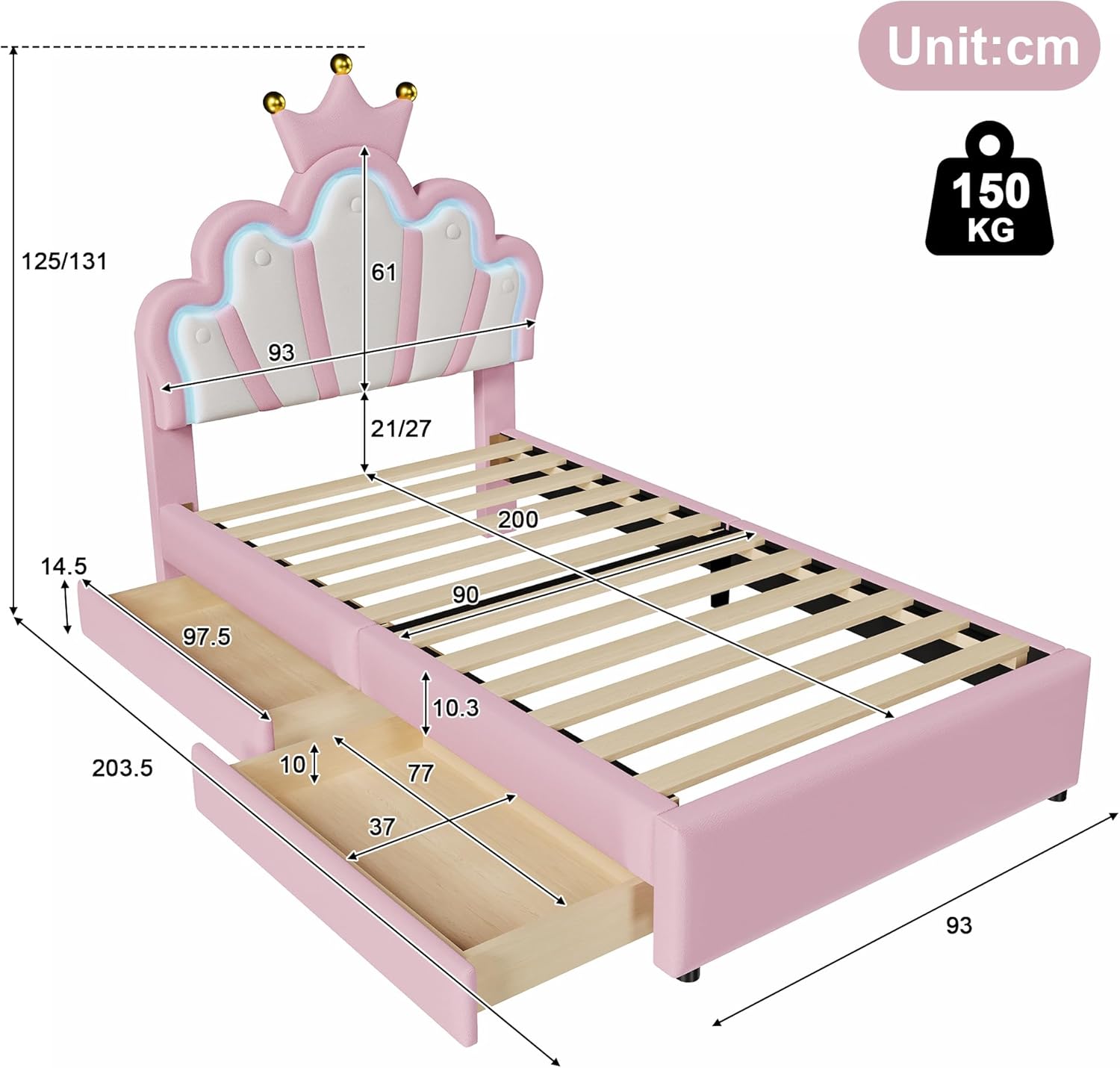 Kinderbett Polsterbett 90x200, Kronenförmiges Prinzessinnenbett, Einzelbett mit LED und 2 Schubladen, Bettgestell für Mädchen, mit Verstellbares Kopfteil, PU-Leder, Rosa, ohne Matratze