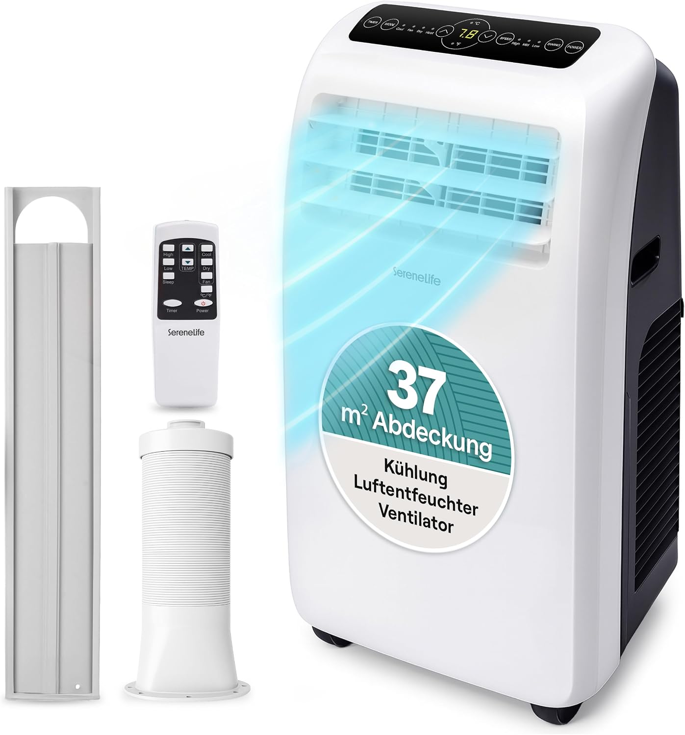 SereneLife Mobile Klimaanlage 3,5 kW 12000 BTU – 51 dB Leises Klimagerät für Schlafzimmer bis 37 m², Angenehme Kühlung an heißen Tagen, mit Entfeuchter, Lüfter & Fernbedienung