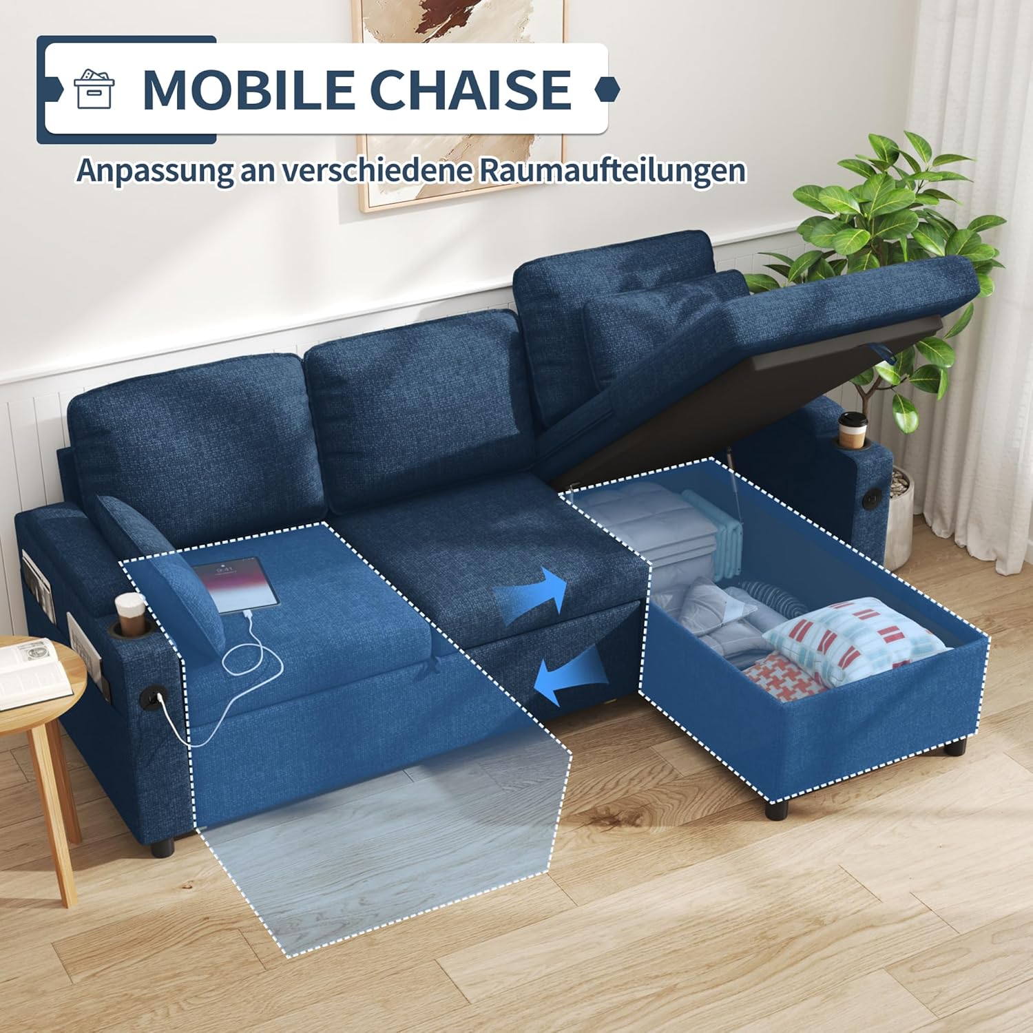 DURASPACE Schlafsofa Ausziehbare Schlafcouch 2-in-1-Wandelbares Ecksofa mit Stauraum, L-förmiges Ecksofa für kleine Räume, Wohnzimmer, Wohnung (Blau)