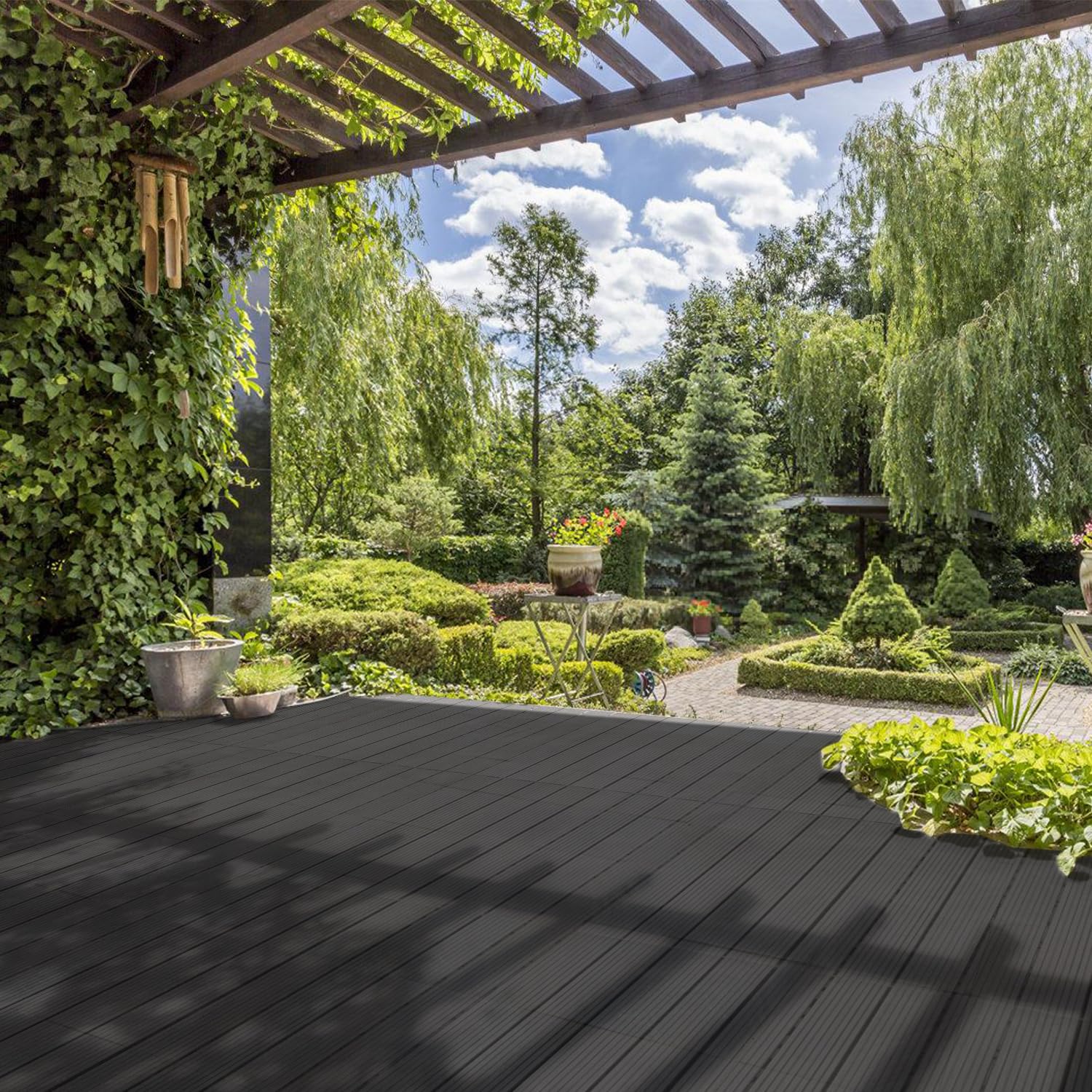 Fiqops 36 Stück WPC Terrassenfliesen, 30x60 cm Balkon Bodenfliese,Gartenfliesen mit Klick-System,Terrassendielen Balkonfliesen Klickfliesen,Terrassendielen Wasserfest für Terrasse,für 6m² Anthrazit