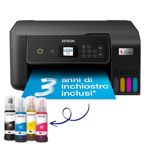 Epson EcoTank ET 2821 Stampante Multifunzione 3 in 1 A4, Serbatoi Ricaricabili Alta Capacità, 4 Flaconi Inclusi pari a 3600pag B/N 6500pag Colore, Display LCD USB Wi Fi/Direct, Nero : Informatica
