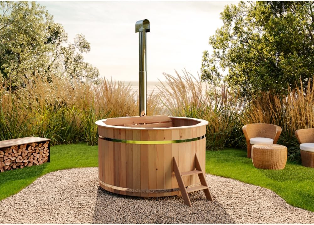 Holz Badefass Bergen, Hot Tub Ø 160 x 110 cm, inkl. Edelstahl-Ofen 22 kW und Einstiegsleiter, 3-4 Personen, Schwimmbecken, Badebottich, Sprudelbad