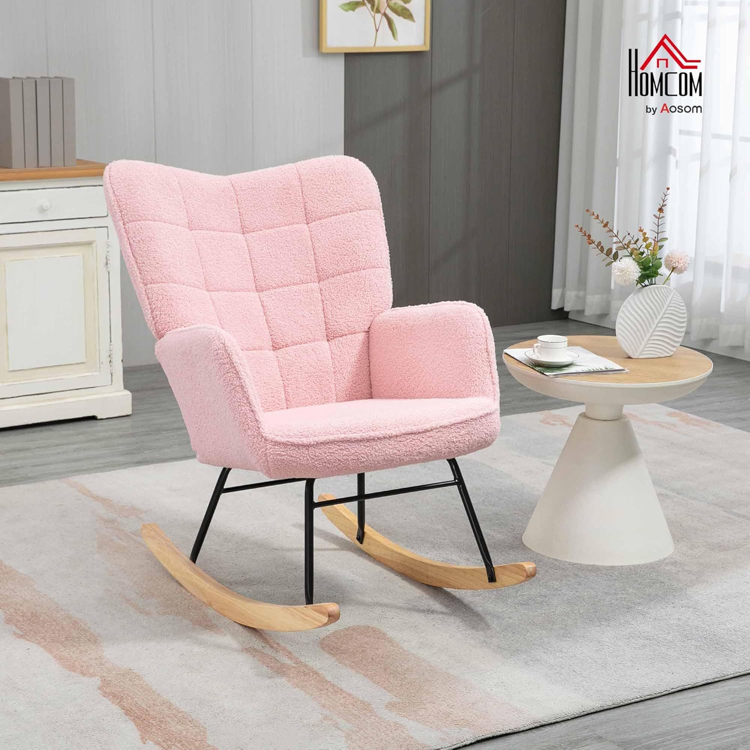 HOMCOM Schaukelstuhl, Schaukelsessel mit Berbervliesoptik, Armlehne, Gepolsterter Sessel mit Holzkufen, Relaxsessel für Wohnzimmer, Schlafzimmer, bis 120kg belastbar, Rosa