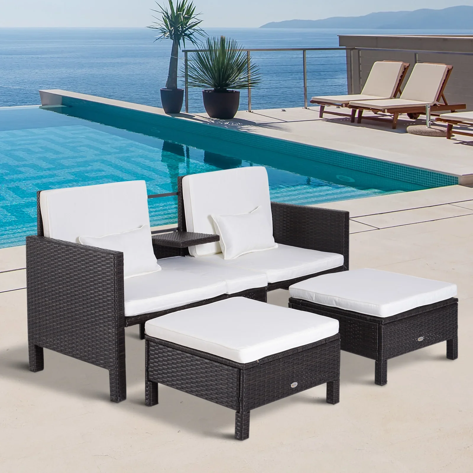 Outsunny polyrattan tuinset 3-delig met poef kussens outdoor