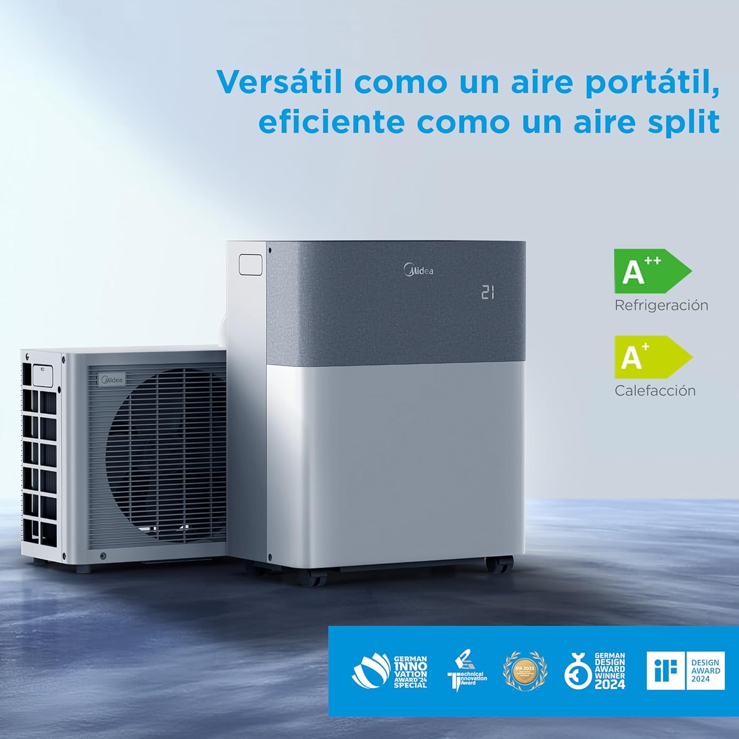 Midea Portasplit Aire Acondicionado Portatil 4 en 1 | 3000 frigorías / 12000 BTU | Pinguino Split de Bajo Consumo con modo Silence | Deshumidificador, Calefactor, Ventilador y Climatizador hasta 45 m2