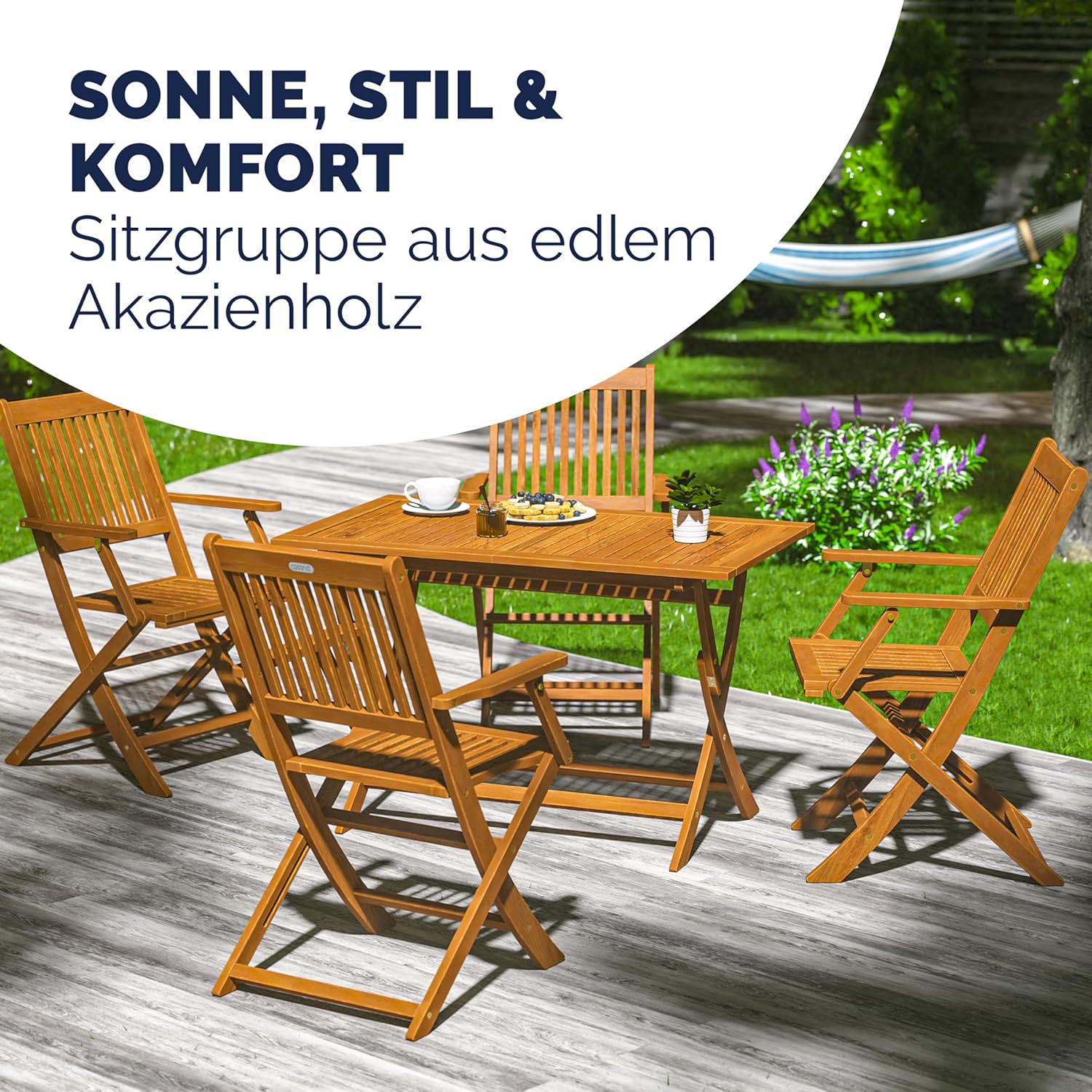 Casaria® Gartenmöbel Set Modell 2026 - NEU: Extra Stabiler Tisch mit umlaufender Verstärkungsleiste 5-teilig aus FSC® Akazienholz, 4 Stühle mit Armlehnen, klappbar für Garten & Balkon