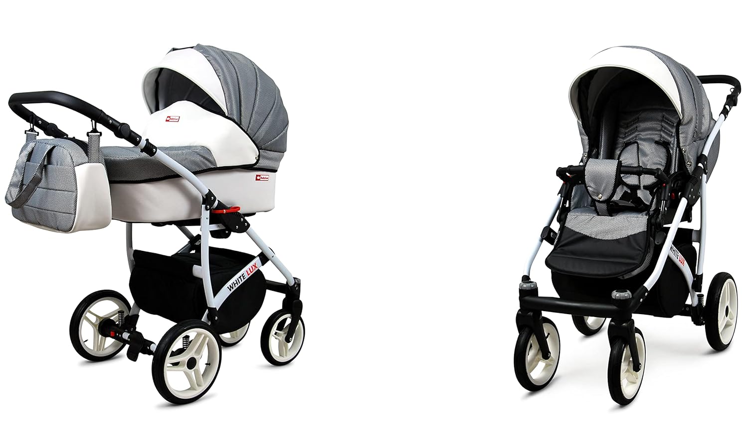 BabyLux® Bambimo Kinderwagen Set 3 in 1 - White Lux - incl. Babywanne, Buggy Sportsitz, Auto-Babyschale - Autositz - Kinderwagenset - Kombikinderwagen mit Wickeltasche, Regenschutz usw.