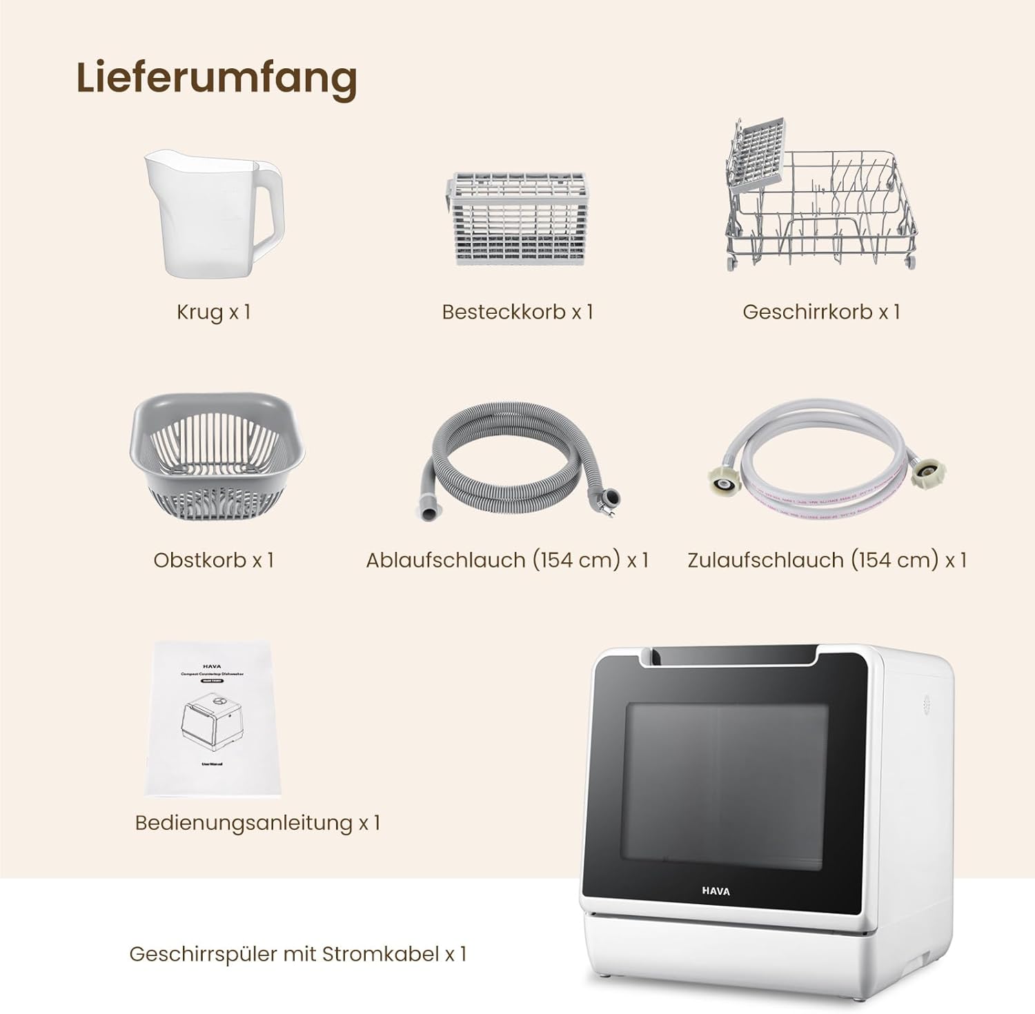 HAVA Tischgeschirrspüler, 8 Programme NEUES Modell, mini Spülmaschine mit Kindersicherung & Startverzögerung, 5L Wassertank für Wohnungen, Schlafsäle und Wohnmobile