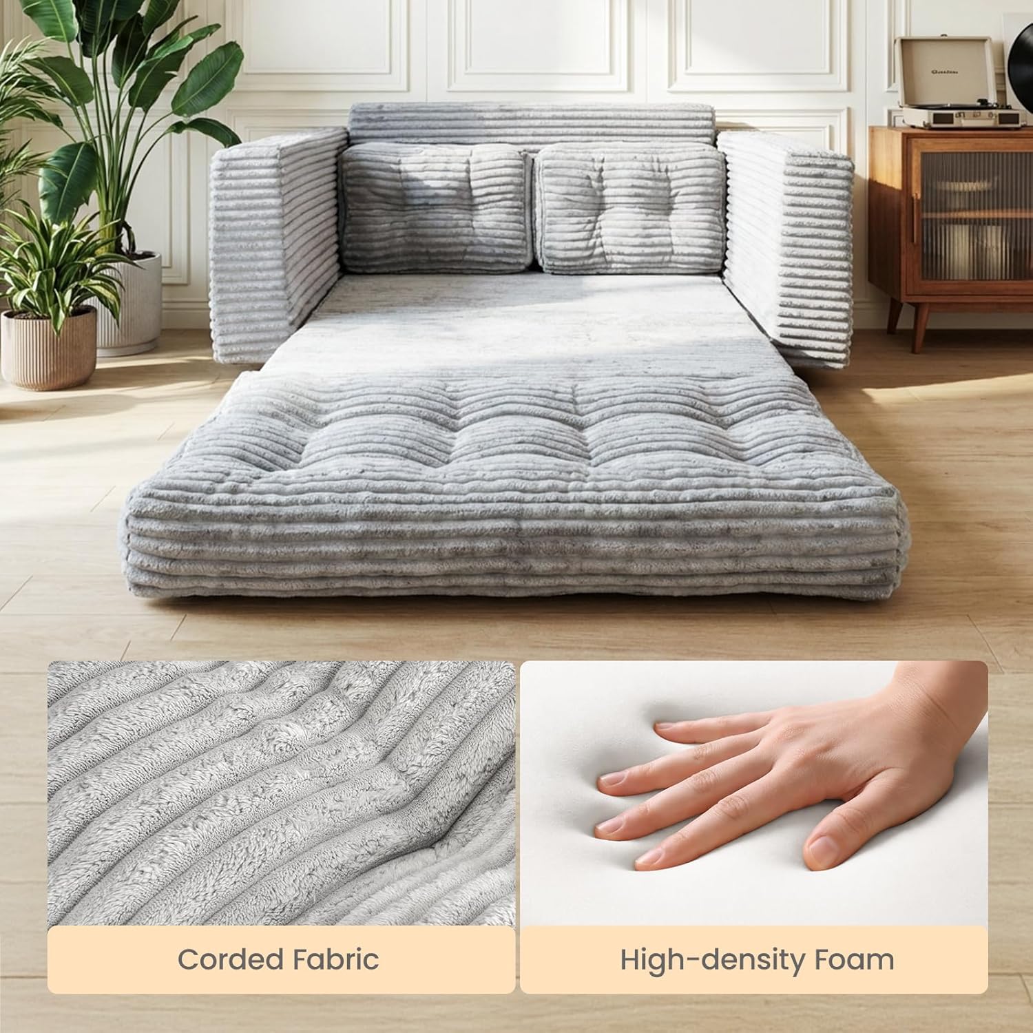 Bodensofa Schlafsofa Bed mit Pillow Back Support Armrest 140 cm Breit Klappbar Sofa 2-in-1 Design für Wohnzimmer, Schlafzimmer und Gästezimmer Grau