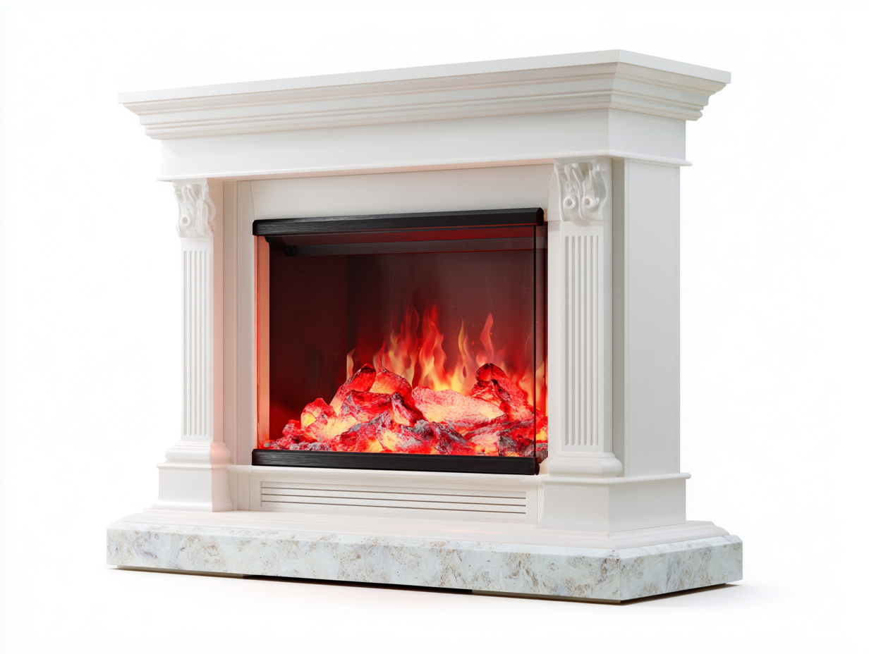 Kamin-MDF-Kunststein-123x36x106 cm-Weiß-Klassisches Design LED Flammeneffekt