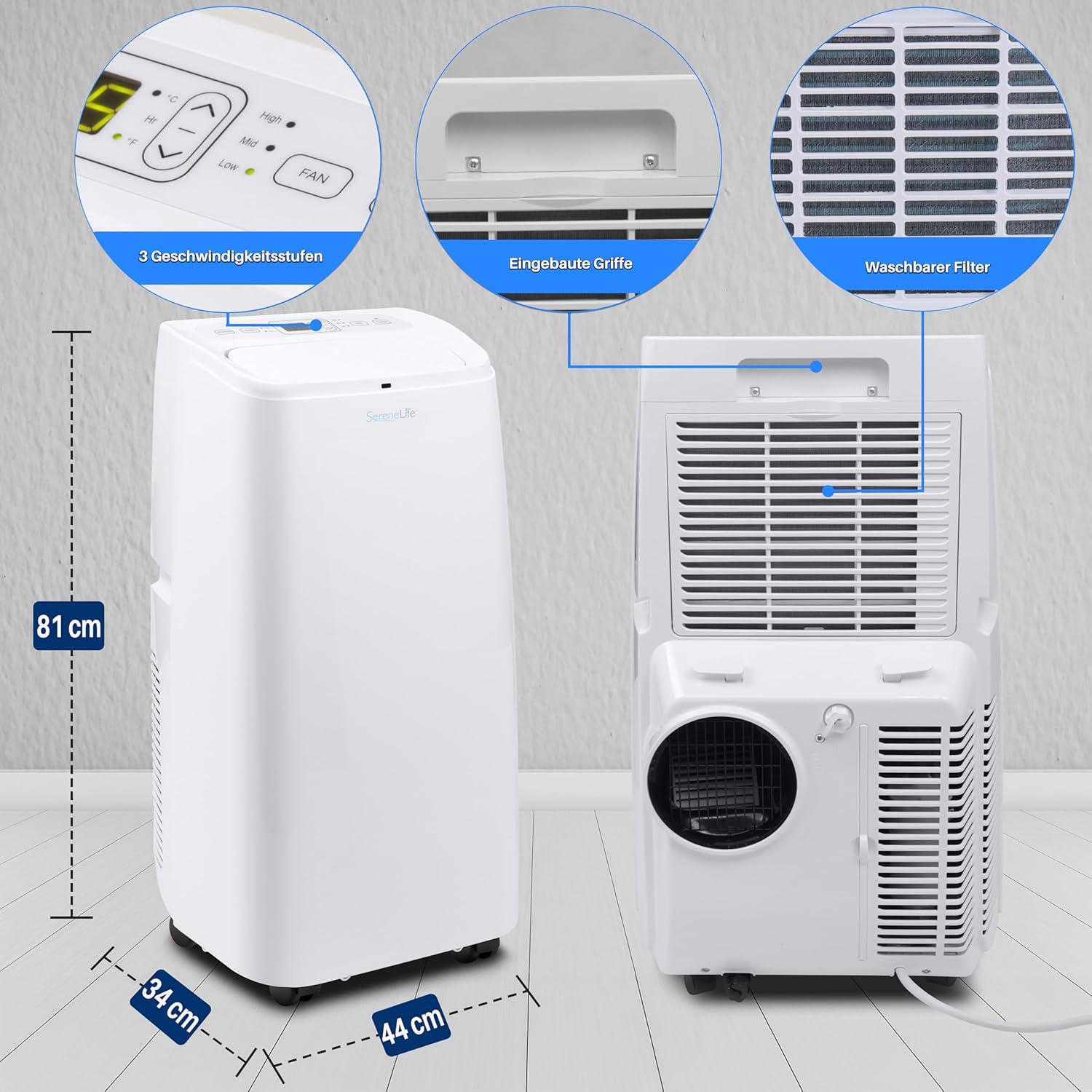 SereneLife Mini Klimaanlage mobil, 3-in-1 mobiles Klimagerät mit Abluftschlauch – Luftkühler, Luftentfeuchter & Ventilator, Air conditioner – 9.000 BTU, 1,5L Feuchtigkeit/Stunde, kühlt Räume bis 42 m2