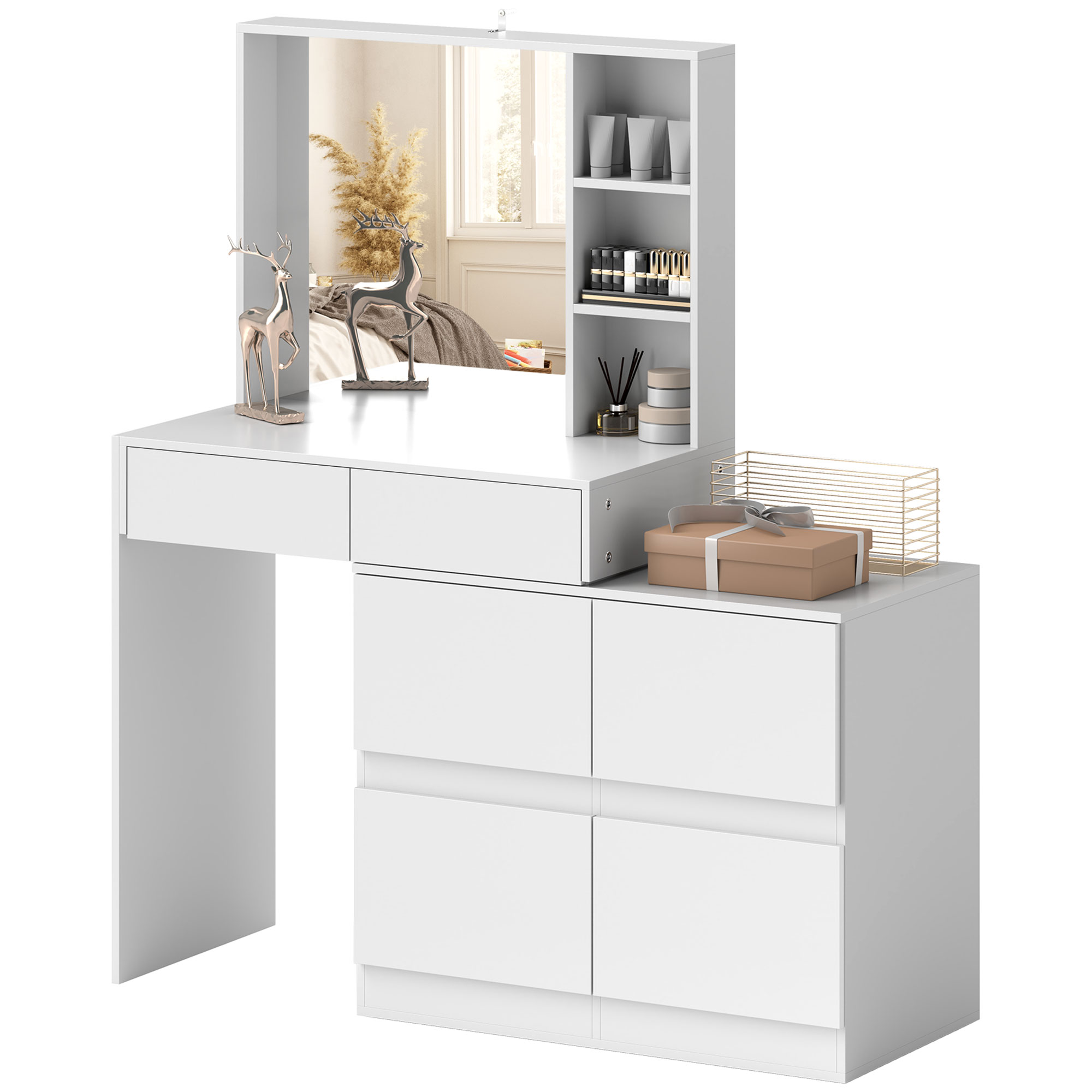 Kaptafel, Makeup-Tafel met Grote Spiegel, 4 Laden, 3 Open Vakken, 2 Kasten, MDF, Wit