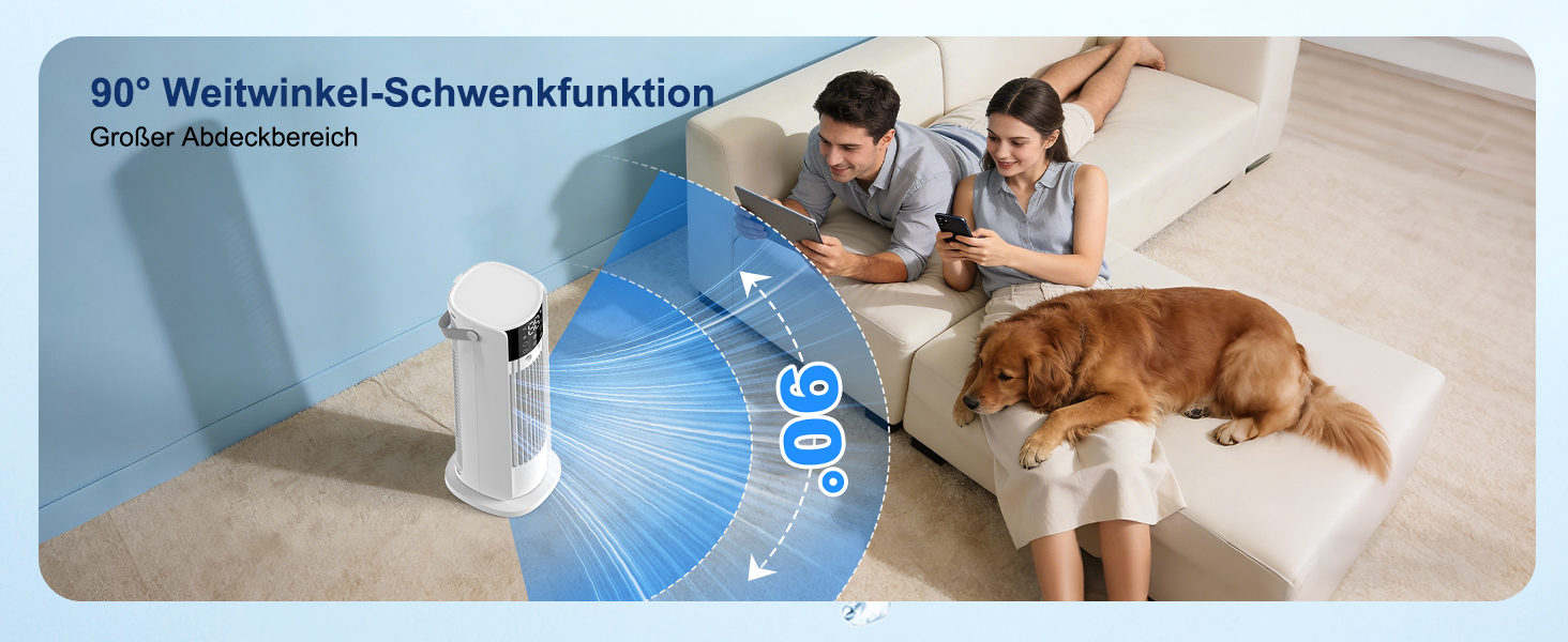 Der Text lautet „90° Wechsel-Schwenkfunktion“ und „Made in Germany“. Das Bild zeigt eine blaue Wasserflasche und einen Hund auf dem Boden, der das Produkt in häuslicher Umgebung zeigt.