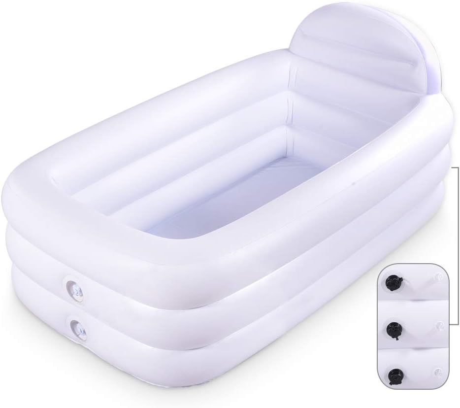 HIWENA Portable Inflatable Bathtub with Backrest, Durable White Freestanding Soaking Tub for Home Spa