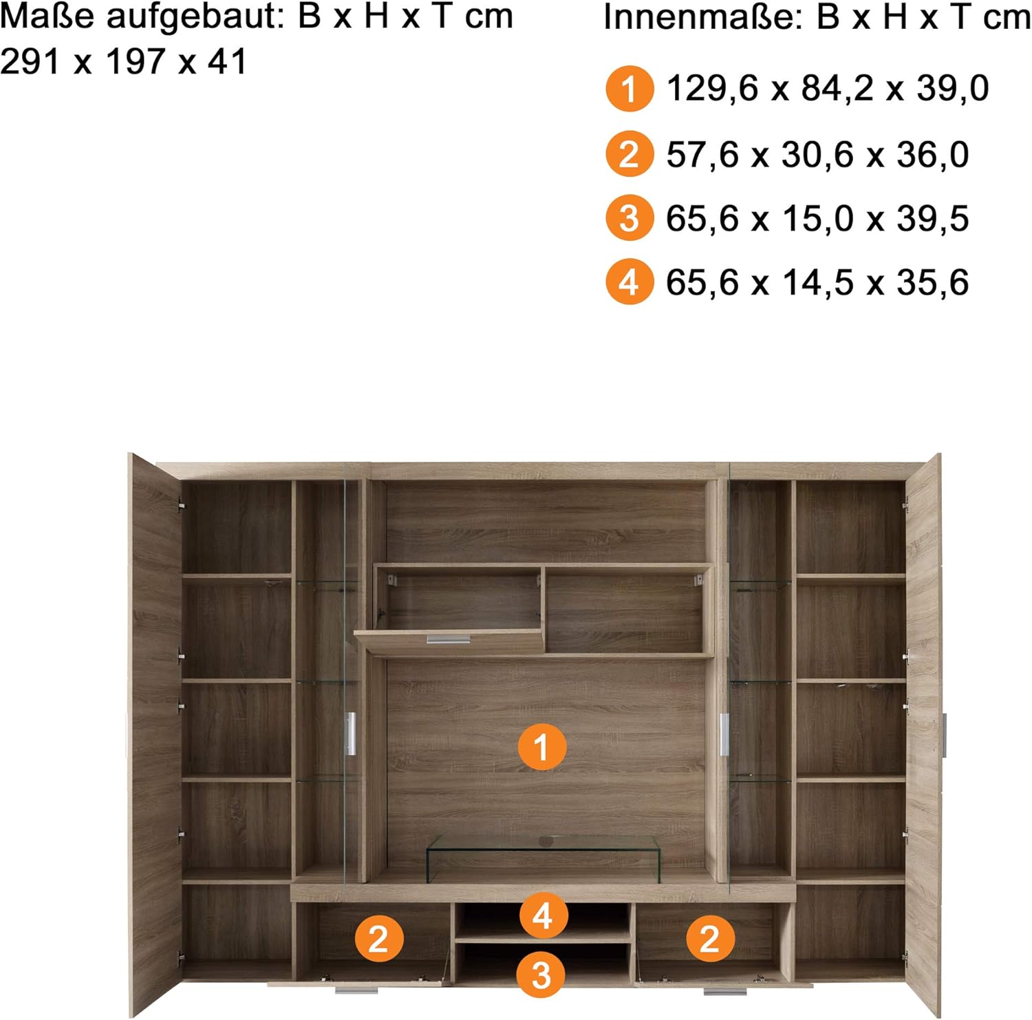 trendteam smart living - Mondeo - Wohnwand - Eiche - Anbauwand mit 4 Türen, 5 offenen Fächern, 3 Klappen und 7 Einlegeböden - (BxHxT) 291 x 197 x 41 cm -viel Stauraum für Ordnung.