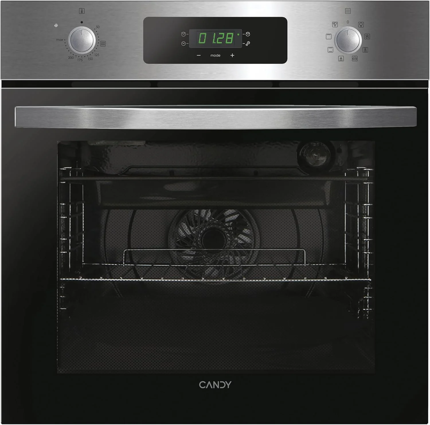 Candy FIDCP X625 L, Horno Multifunción, 70L, Bandeja y Rejilla, Limpieza Aquactiva, Convección + Ventilador radial, 8 Funciones, Display Timer Touch, Mandos Push&Pull, Puerta 2 Cristales, Inox y Negro