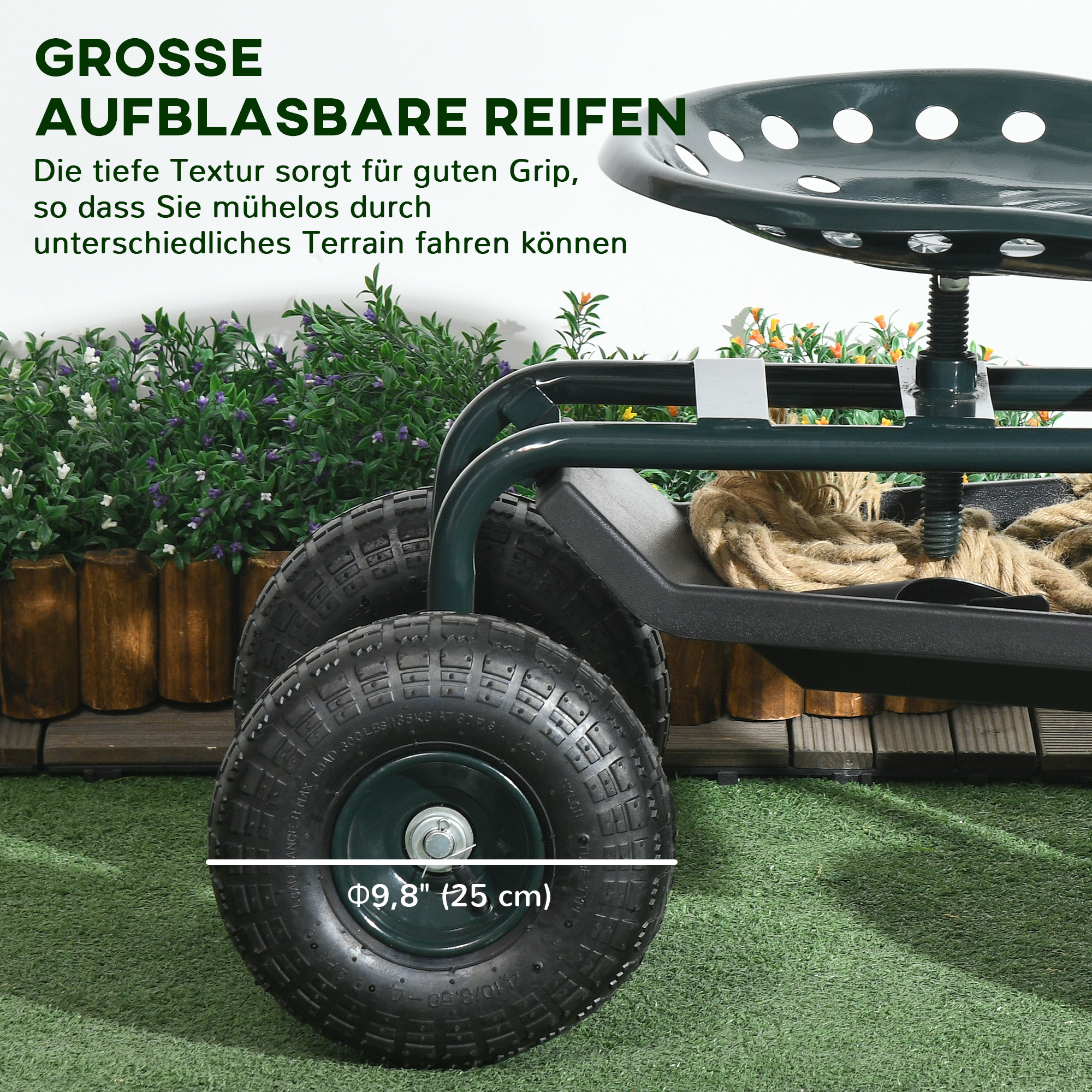 Tuinwagen met zitplaats, draaibaar, verstelbaar in hoogte, tot 150 kg, staal, Donkergroen