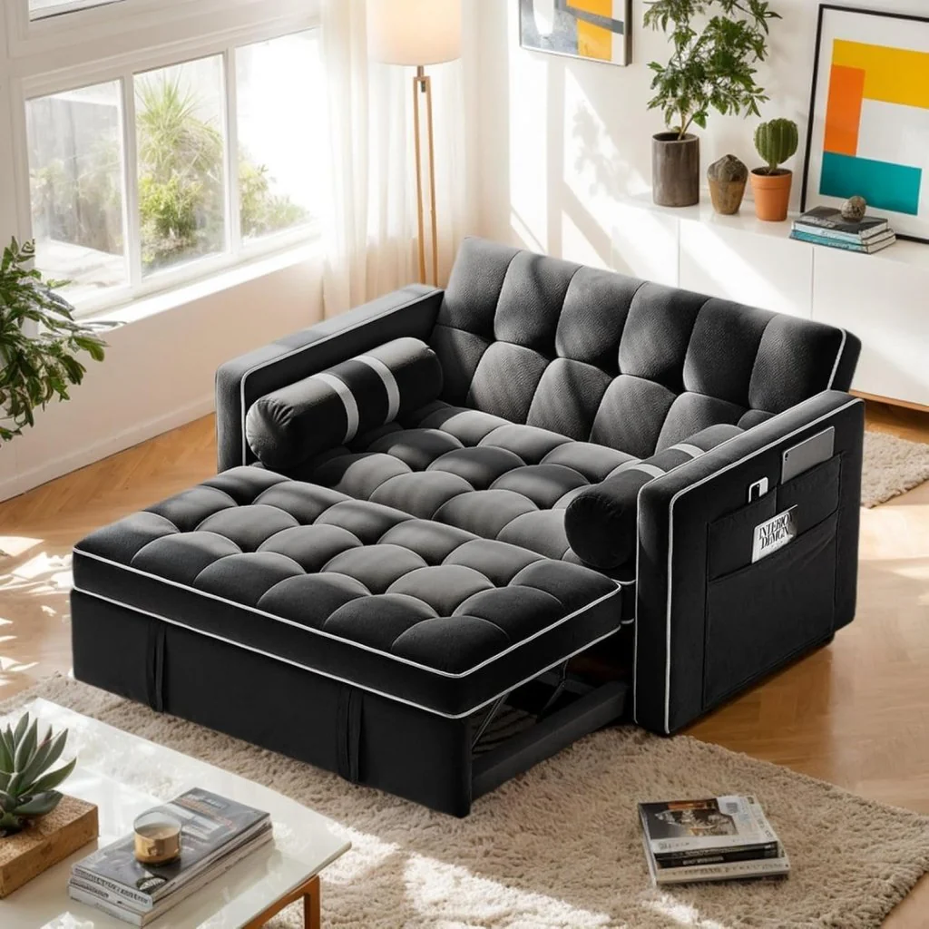 Pipishell 3 in 1 Convertible Sleeper Sofa Bed,Pull Out Couch for Living Room with USB Ports & Side Pockets,Adjustable Backrest,Velvet,Loveseat Sofa Bed,Futon Couches,Black