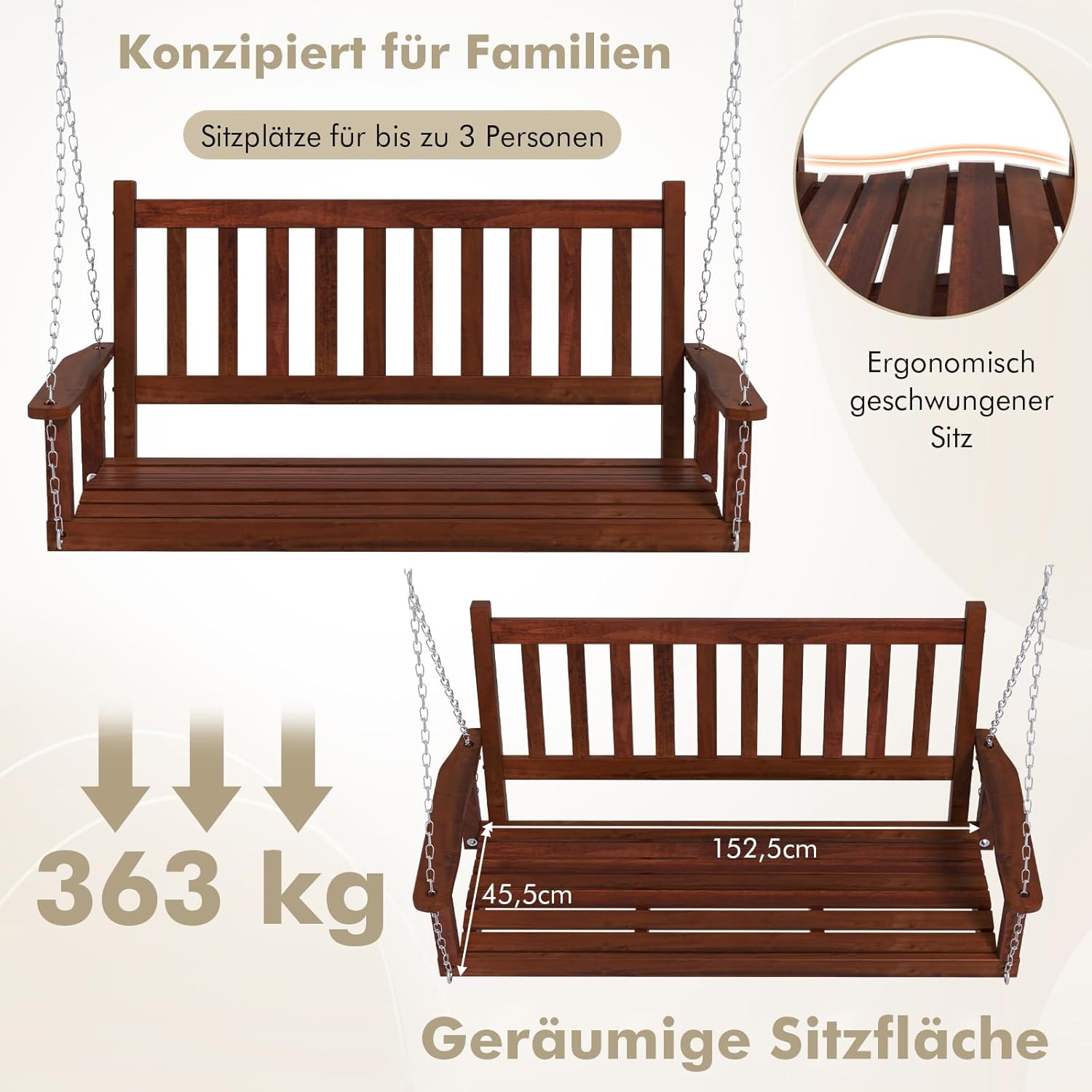 COSTWAY Hängebank aus Massivholz, 3-Sitzer Gartenschaukel zum Aufhängen, Hollywoodschaukel bis 360 kg belastbar, Outdoor-Schaukelbank für Terrasse, Garten, Hof, Braun, 168 x 65 x 63 cm