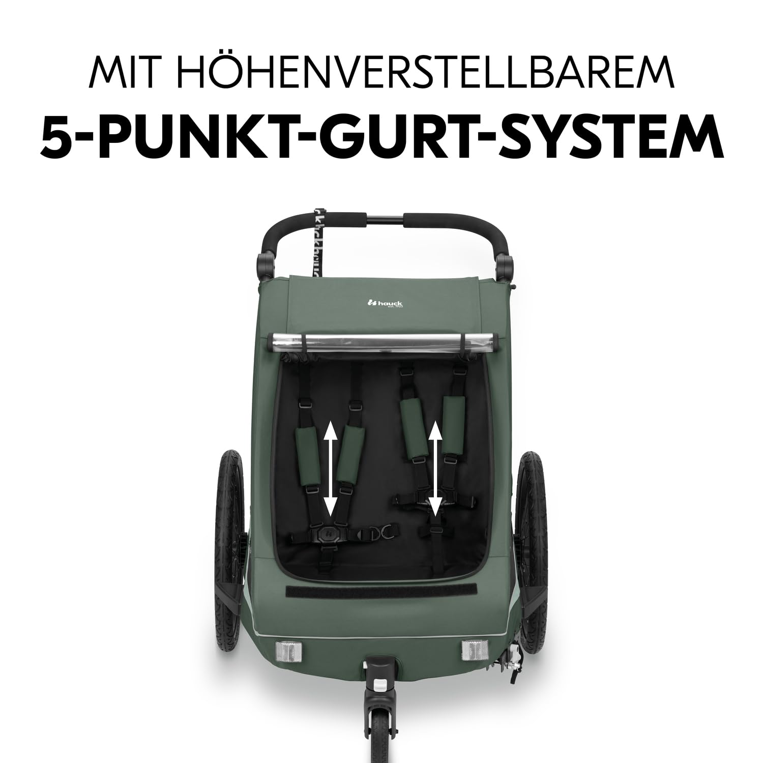 hauck Fahrradanhänger & Kinderwagen Dryk Duo Plus mit Federung, für 2 Kinder (6-48 Monate), inkl. Deichsel, Buggyrad, Fahne und LED Licht, Faltbar, Höhenverstellbar, XL Kofferaum (Dark Green)