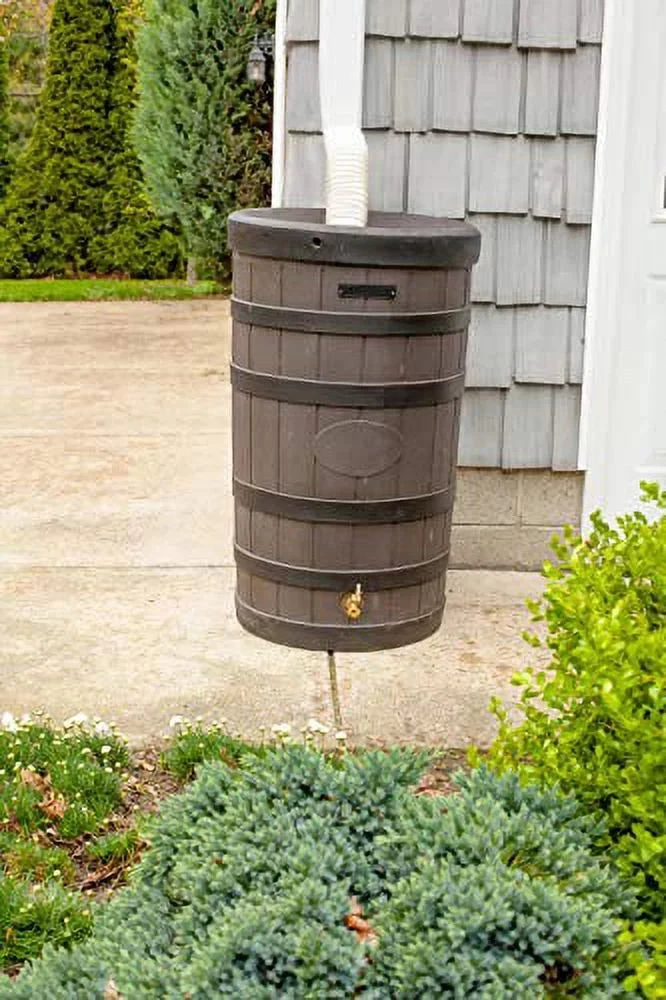 50-Gallon Outdoor Rain Barrel with Wood-Look Finish
