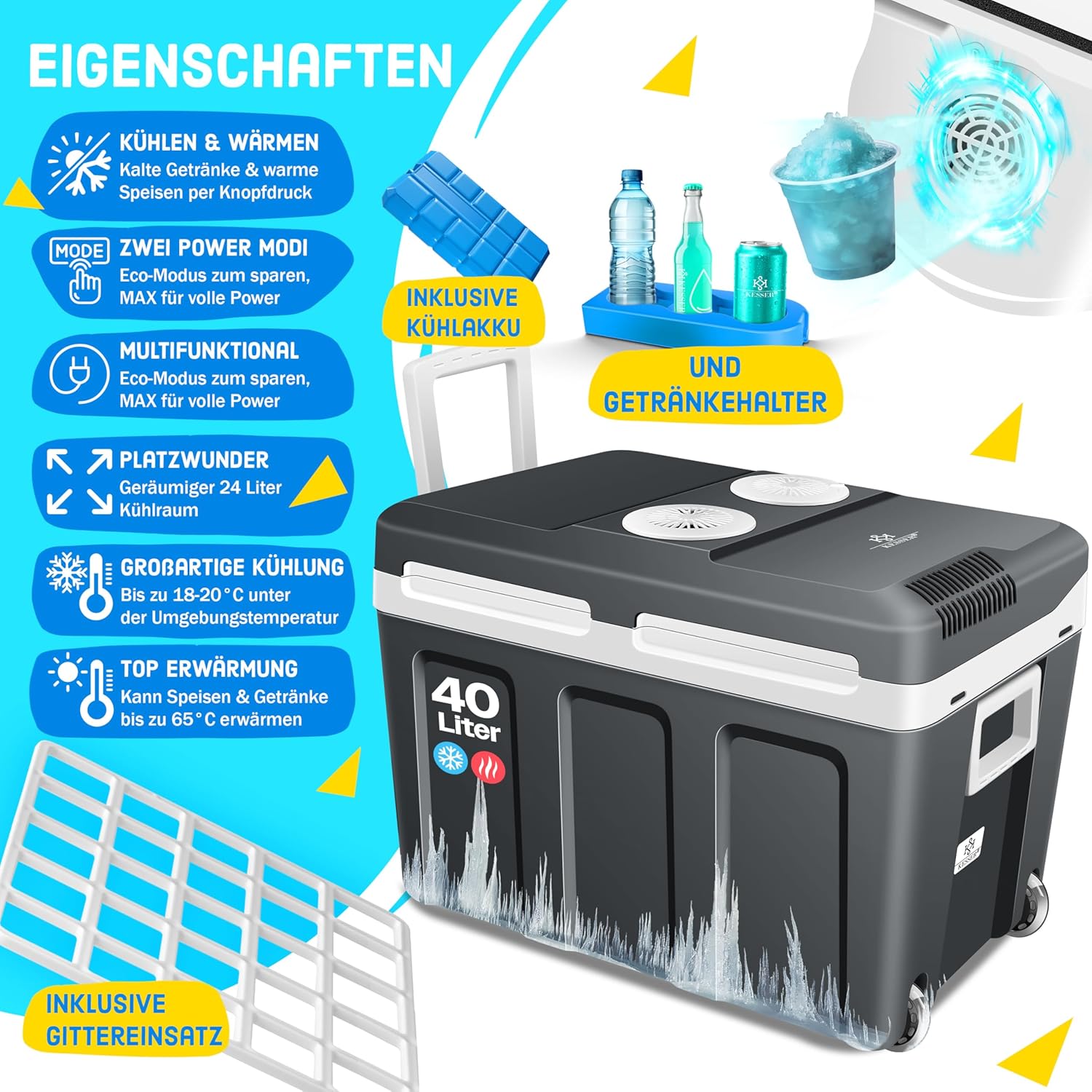 KESSER® Kühlbox 40L mit Rollen | Thermo-Elektrische Kühlbox | KÜHLT und WÄRMT | 12 & 230V | Thermobox für Auto, Boot & Camping | Mini-Kühlschrank mit ECO & MAX Modus
