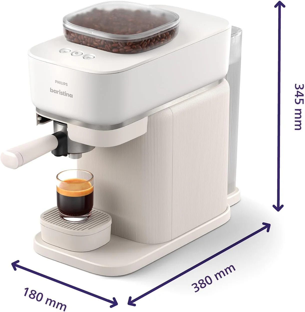 Philips Baristina Espressomaschine - Real Espresso- made simple. Kompakte Kaffeemaschine- Naturwei? mit wei?em Siebtr?ger- 16-bar-Pumpendruck- automatisches Mahlwerk- Cafe Crema (BAR300/00)