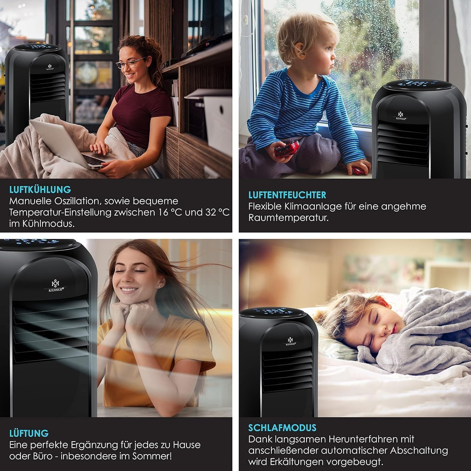 KESSER® Klimaanlage Mobil Klimagerät Sky Tower 4in1 kühlen, Luftentfeuchter, lüften, Ventilator - 9000 BTU/h (2.600 Watt) 2,7KW - Klima, Fernbedienung und Timer, Nachtmodus (EEK: D), Schwarz