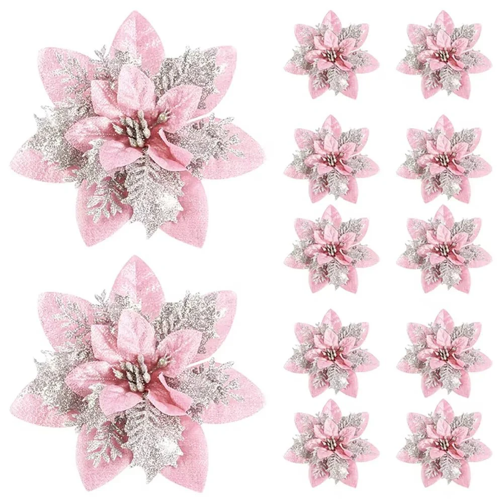 GLOWPETAL – 14,5 cm grote glinsterende kerstbloemen in Roze, Rood en Goud