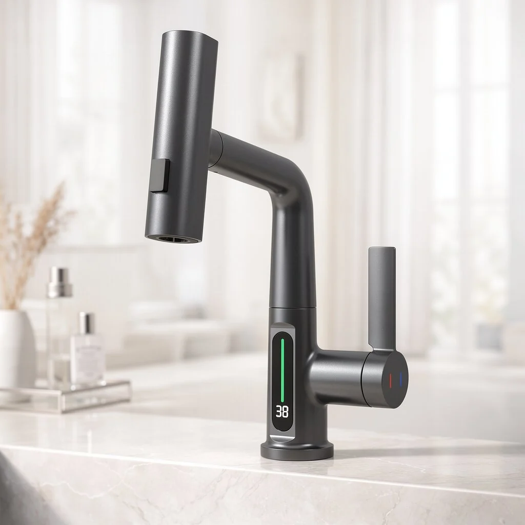 Flexibler Wasserhahn mit LED-Temperaturanzeige und 5 Strahlmodi �C moderne K��chen- und Badarmatur